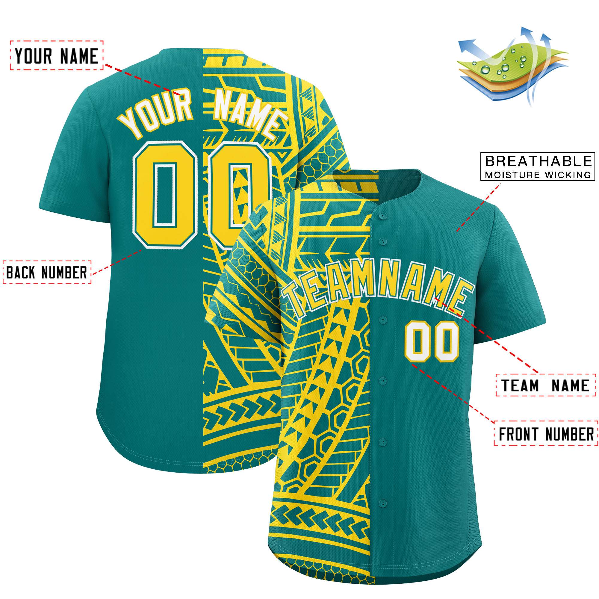 Custom Aqua Gold Split Fashion Tribal Pattern Authentic Baseball Jersey