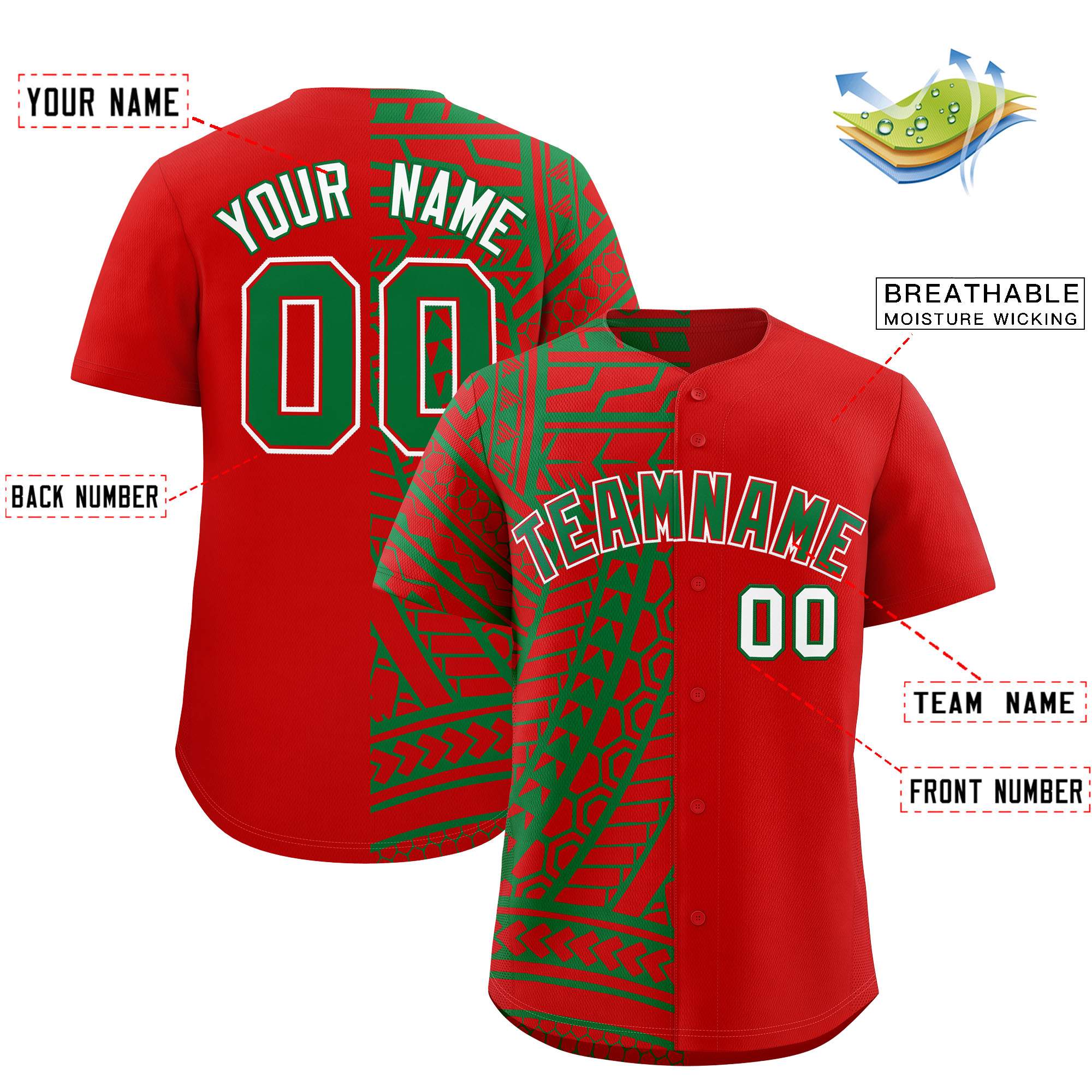 Custom Red Kelly Green Split Fashion Tribal Pattern Authentic Baseball Jersey