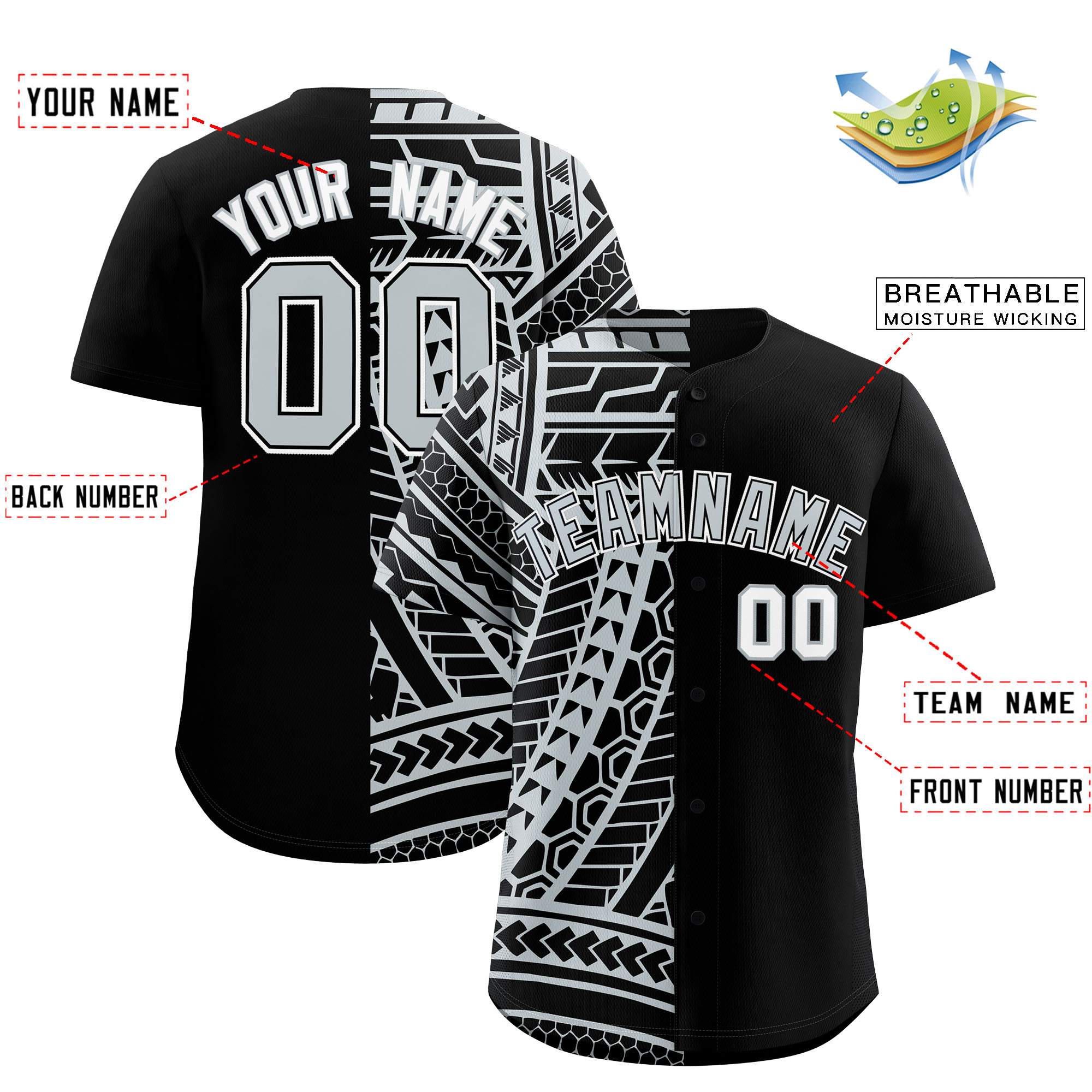 Custom Black Silver Split Fashion Tribal Pattern Authentic Baseball Jersey