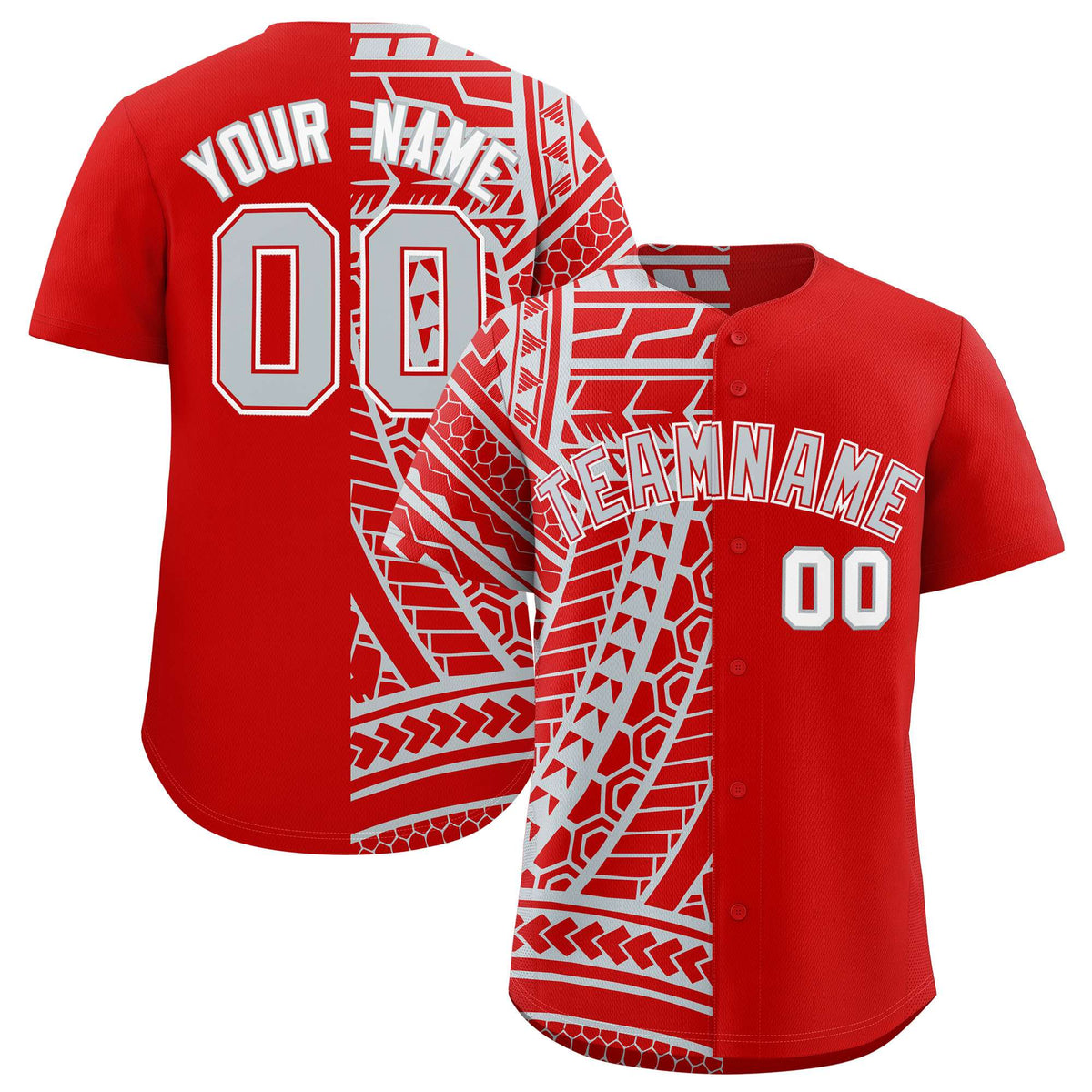 Custom Red Silver Split Fashion Tribal Pattern Authentic Baseball Jersey