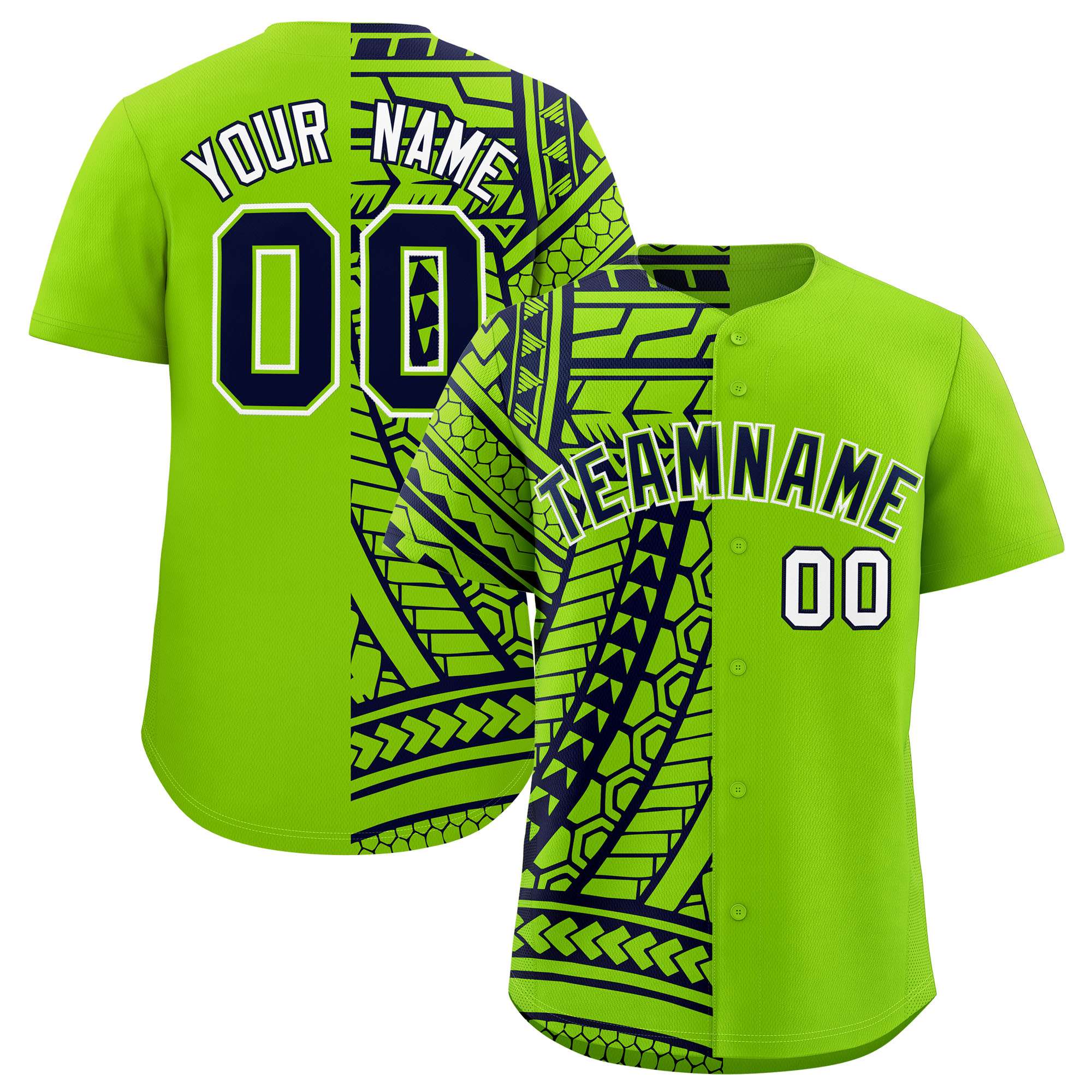 Custom Neon Green Navy Split Fashion Tribal Pattern Authentic Baseball Jersey