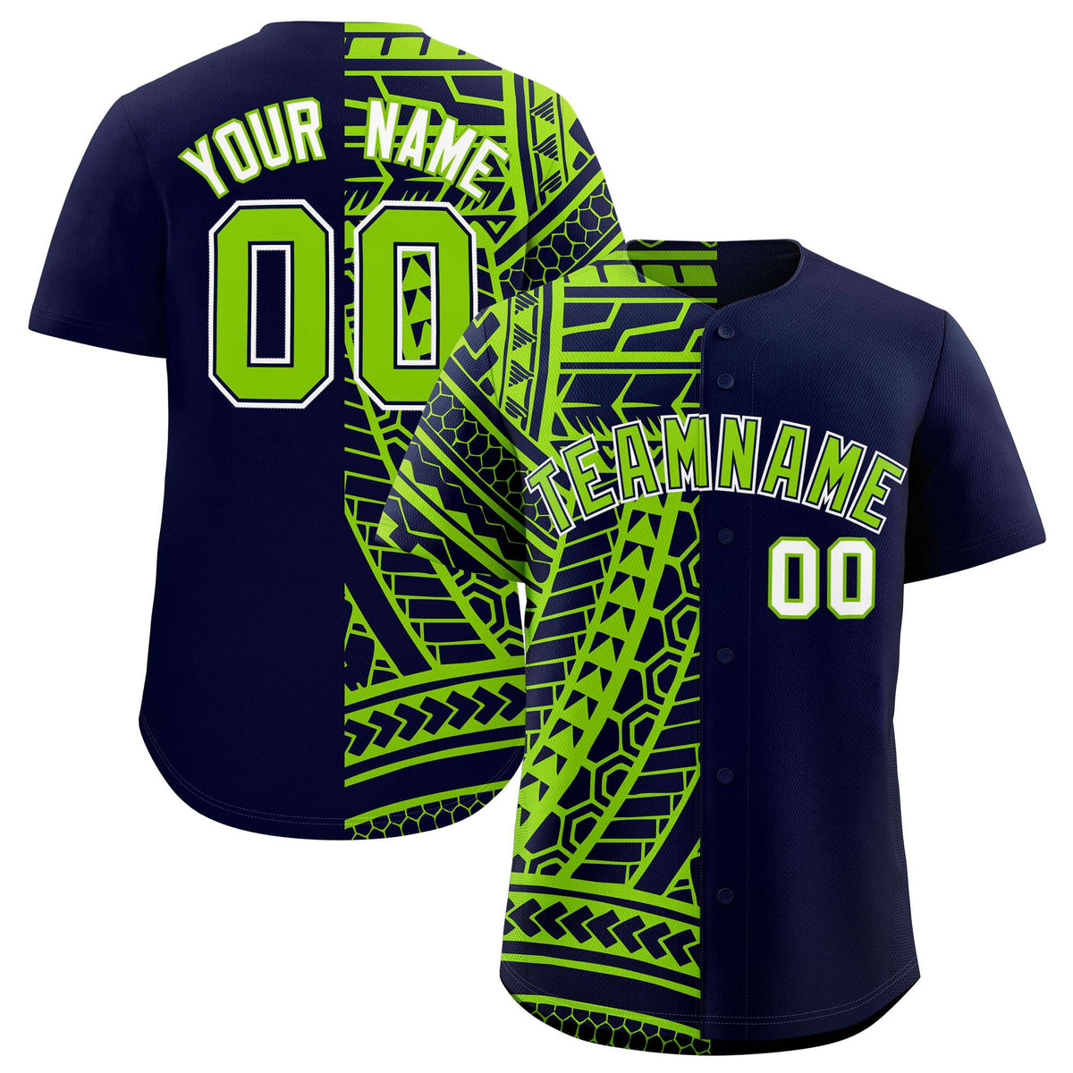 Custom Navy Neon Green Split Fashion Tribal Pattern Authentic Baseball Jersey