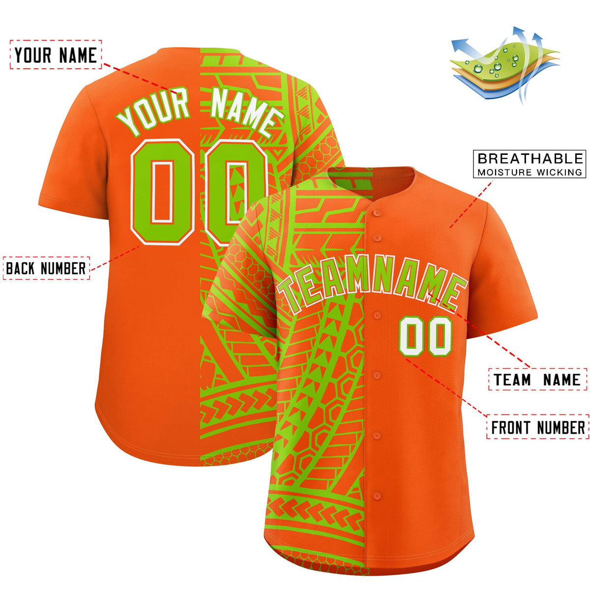 Custom Orange Neon Green Split Fashion Tribal Pattern Authentic Baseball Jersey