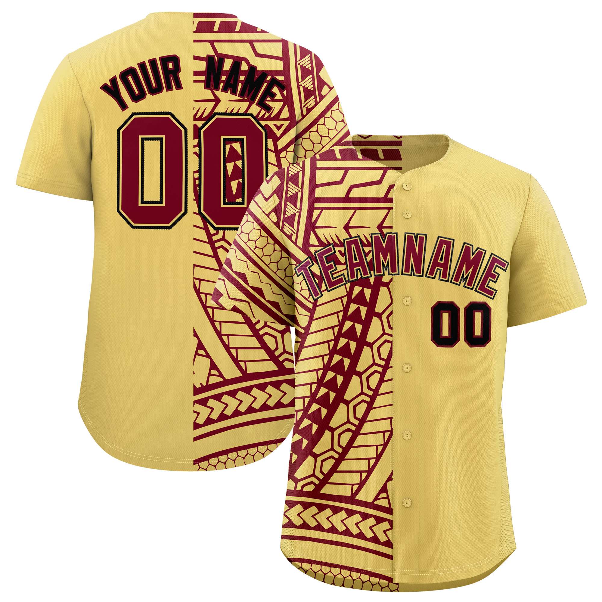 Custom Khaki Crimson Split Fashion Tribal Pattern Authentic Baseball Jersey