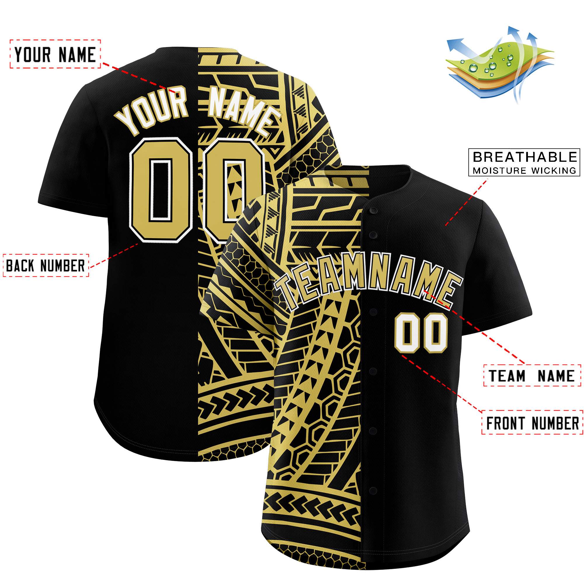 Custom Black Old Gold Split Fashion Tribal Pattern Authentic Baseball Jersey