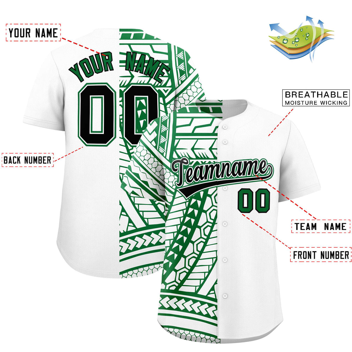 Custom White Kelly Green Split Fashion Tribal Pattern Authentic Baseball Jersey