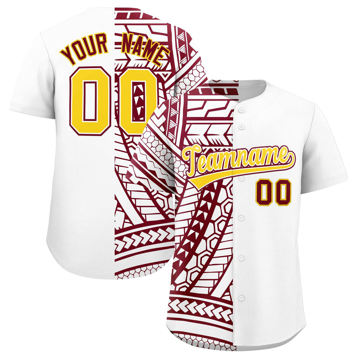 Custom White Crimson Split Fashion Tribal Pattern Authentic Baseball Jersey