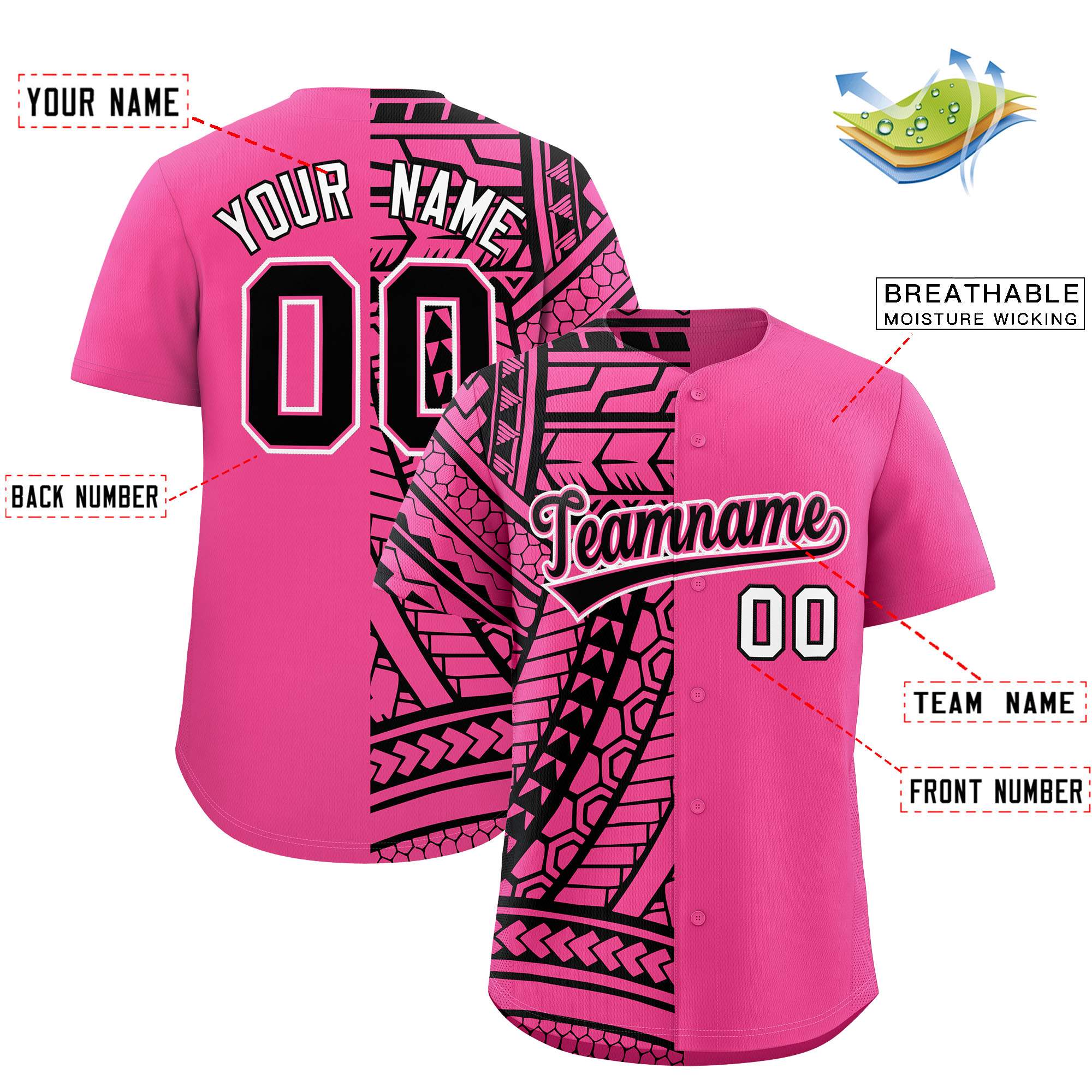 Custom Pink Black Split Fashion Tribal Pattern Authentic Baseball Jersey