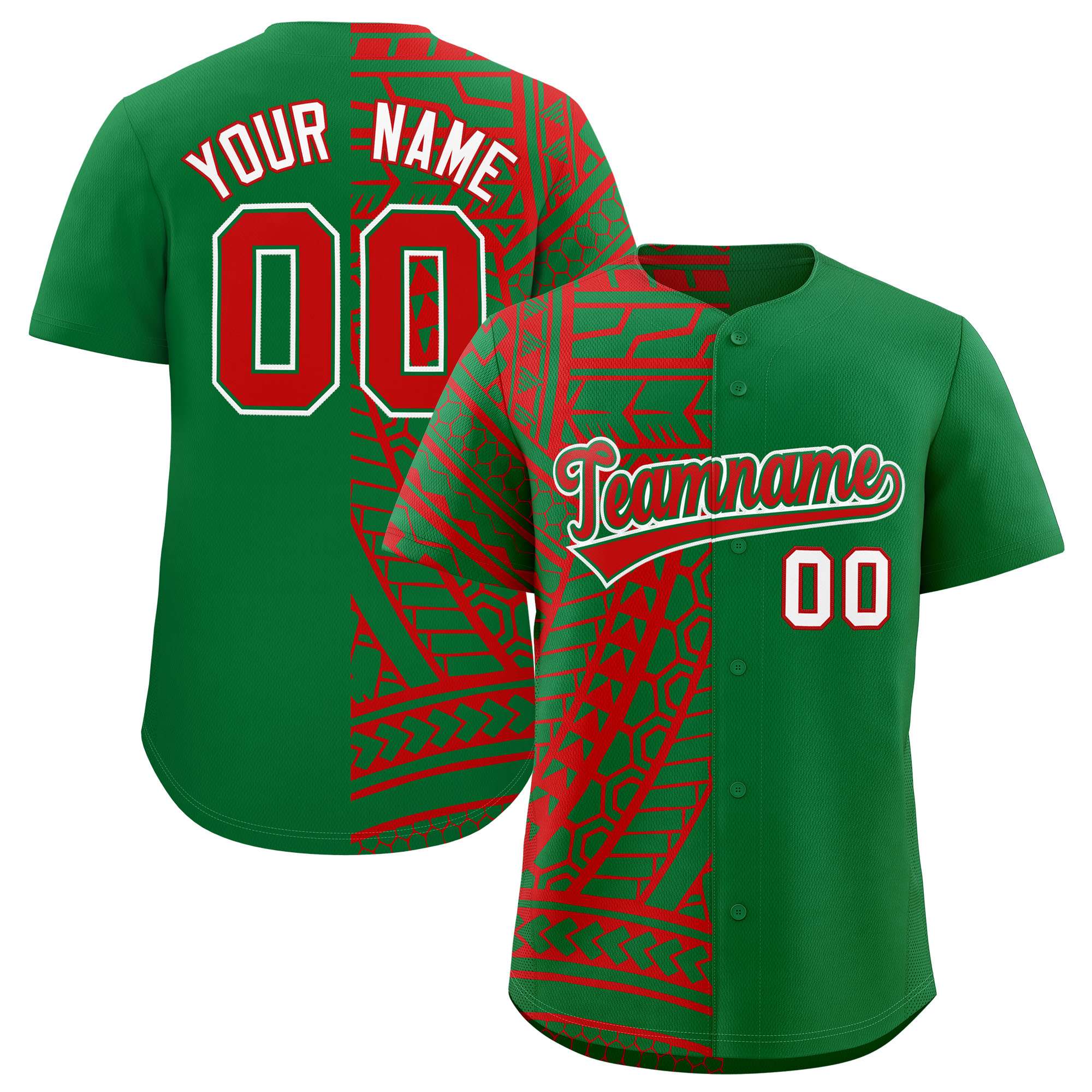 Custom Red Kelly Green Split Fashion Tribal Pattern Authentic Baseball Jersey