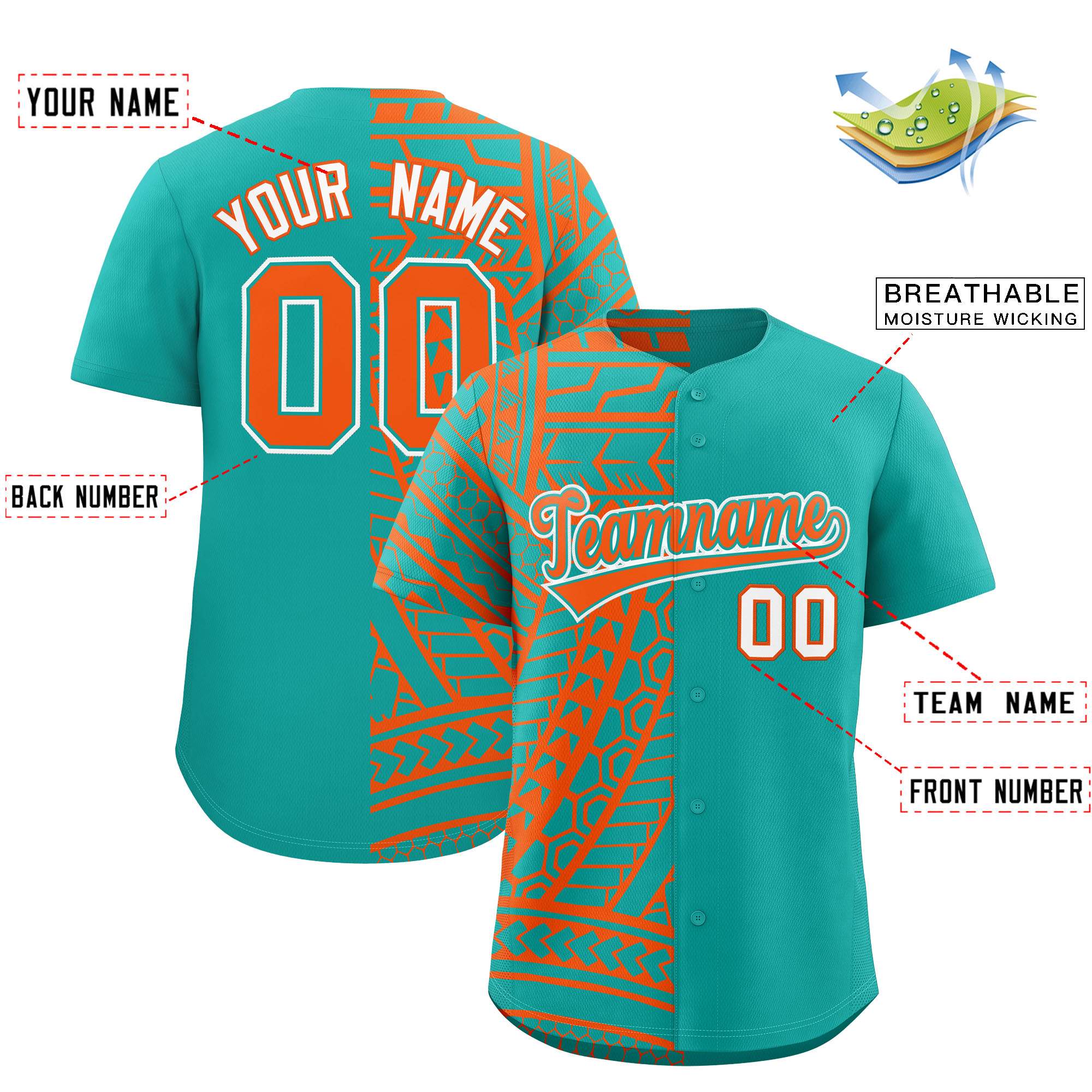 Custom Aqua Orange Split Fashion Tribal Pattern Authentic Baseball Jersey