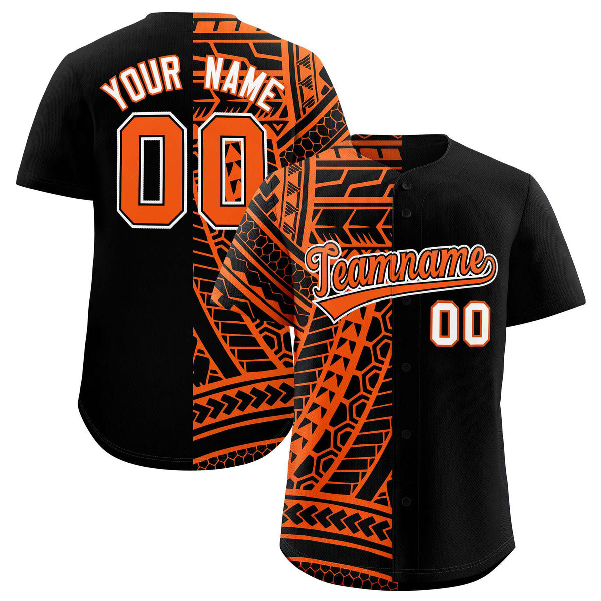 Custom Black Orange Split Fashion Tribal Pattern Authentic Baseball Jersey