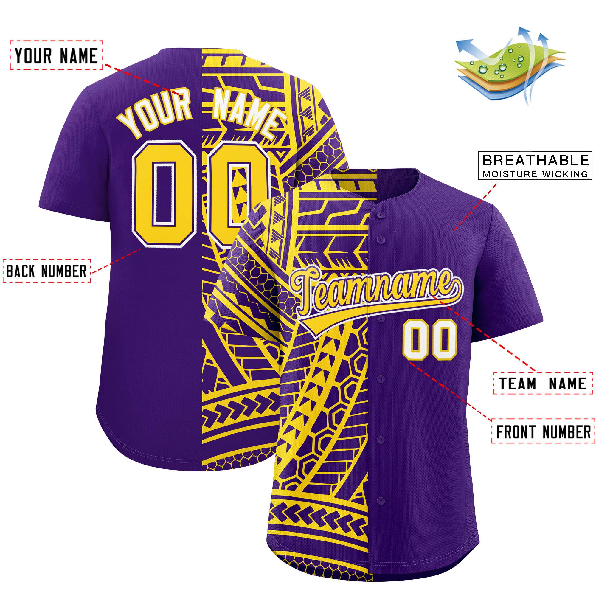 Custom Purple Gold Split Fashion Tribal Pattern Authentic Baseball Jersey
