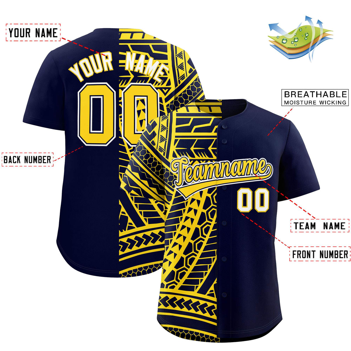 Custom Navy Gold Split Fashion Tribal Pattern Authentic Baseball Jersey