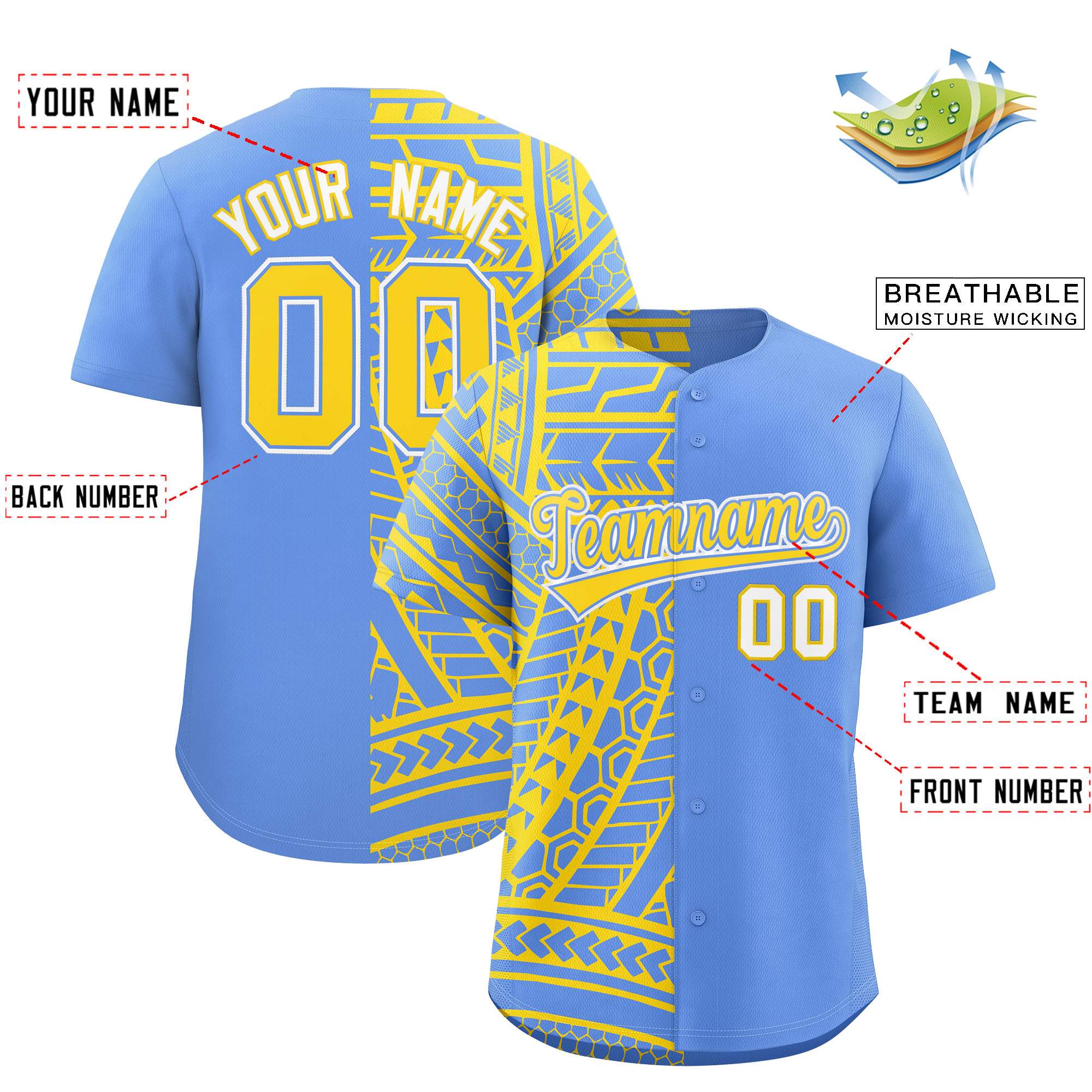 Custom Light Blue Gold Split Fashion Tribal Pattern Authentic Baseball Jersey