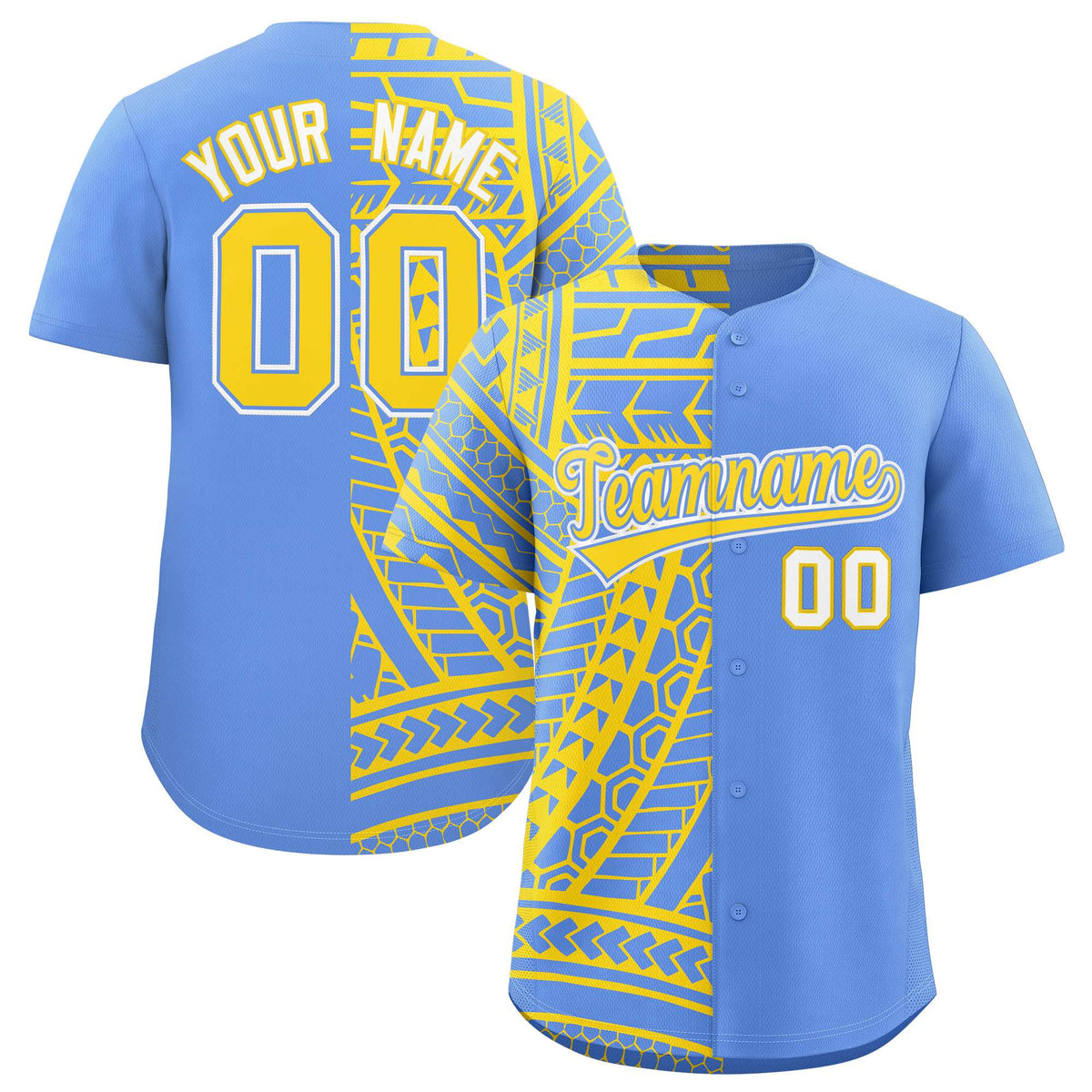 Custom Light Blue Gold Split Fashion Tribal Pattern Authentic Baseball Jersey