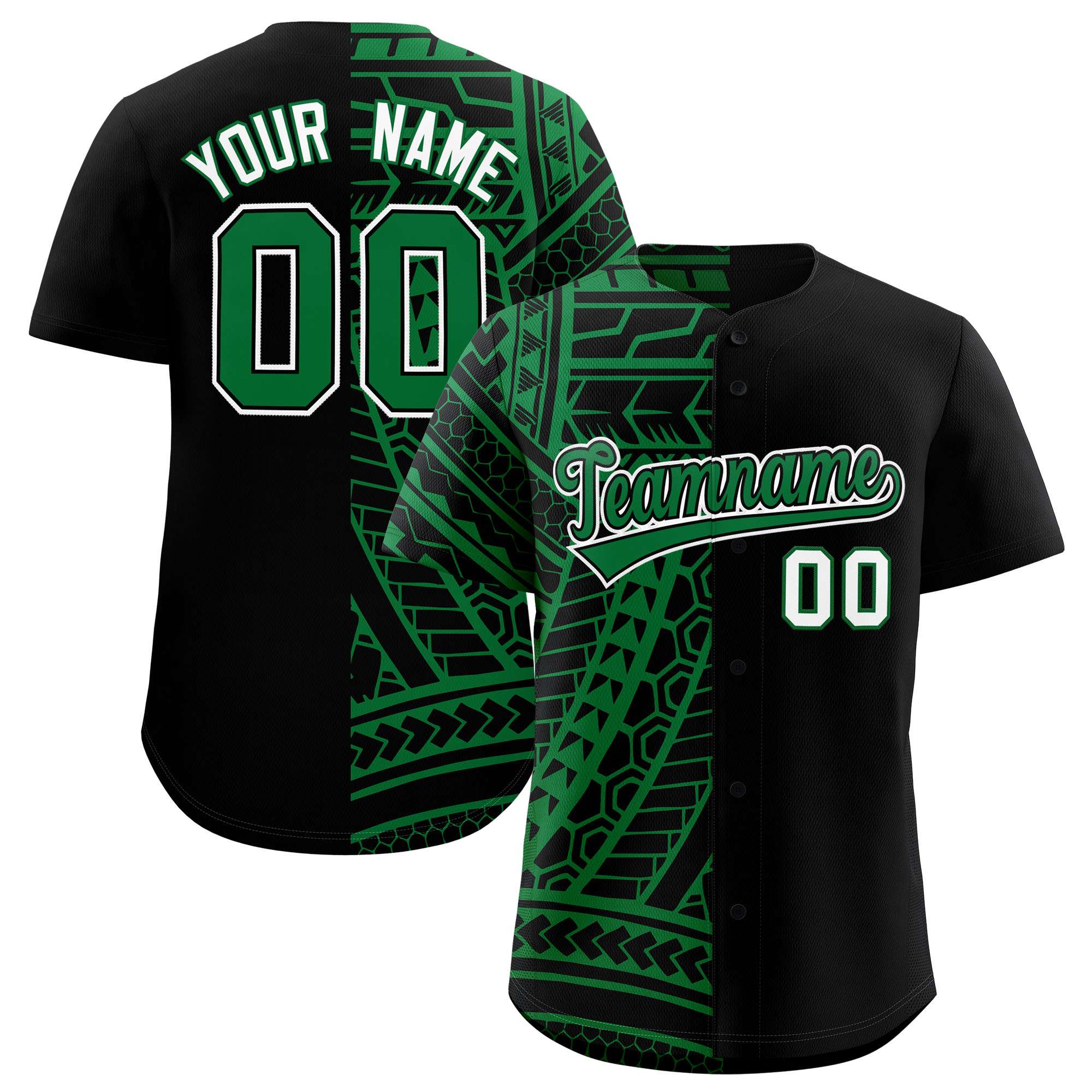 Custom Black Kelly Green Split Fashion Tribal Pattern Authentic Baseball Jersey