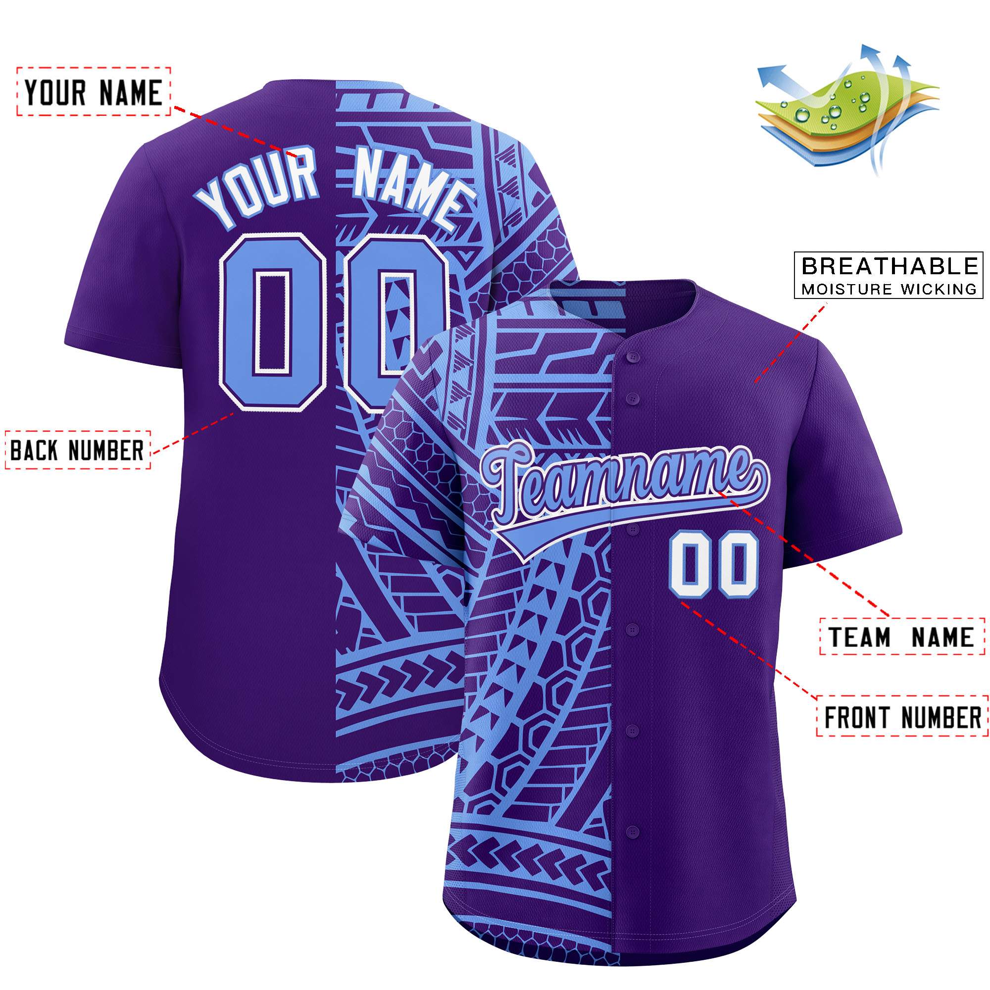 Custom Light Blue Purple Split Fashion Tribal Pattern Authentic Baseball Jersey