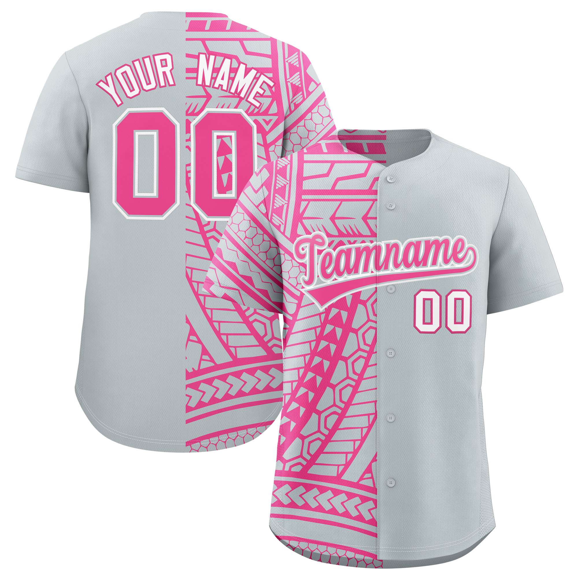 Custom Silver Pink Split Fashion Tribal Pattern Authentic Baseball Jersey