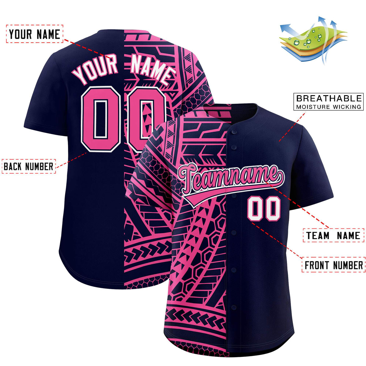 Custom Navy Pink Split Fashion Tribal Pattern Authentic Baseball Jersey