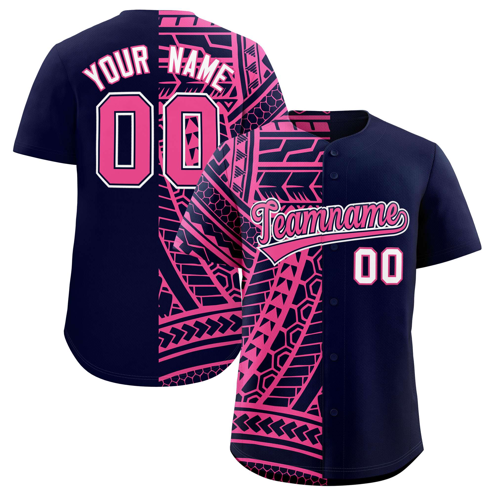 Custom Navy Pink Split Fashion Tribal Pattern Authentic Baseball Jersey