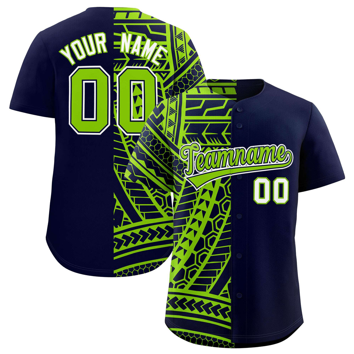 Custom Navy Neon Green Split Fashion Tribal Pattern Authentic Baseball Jersey