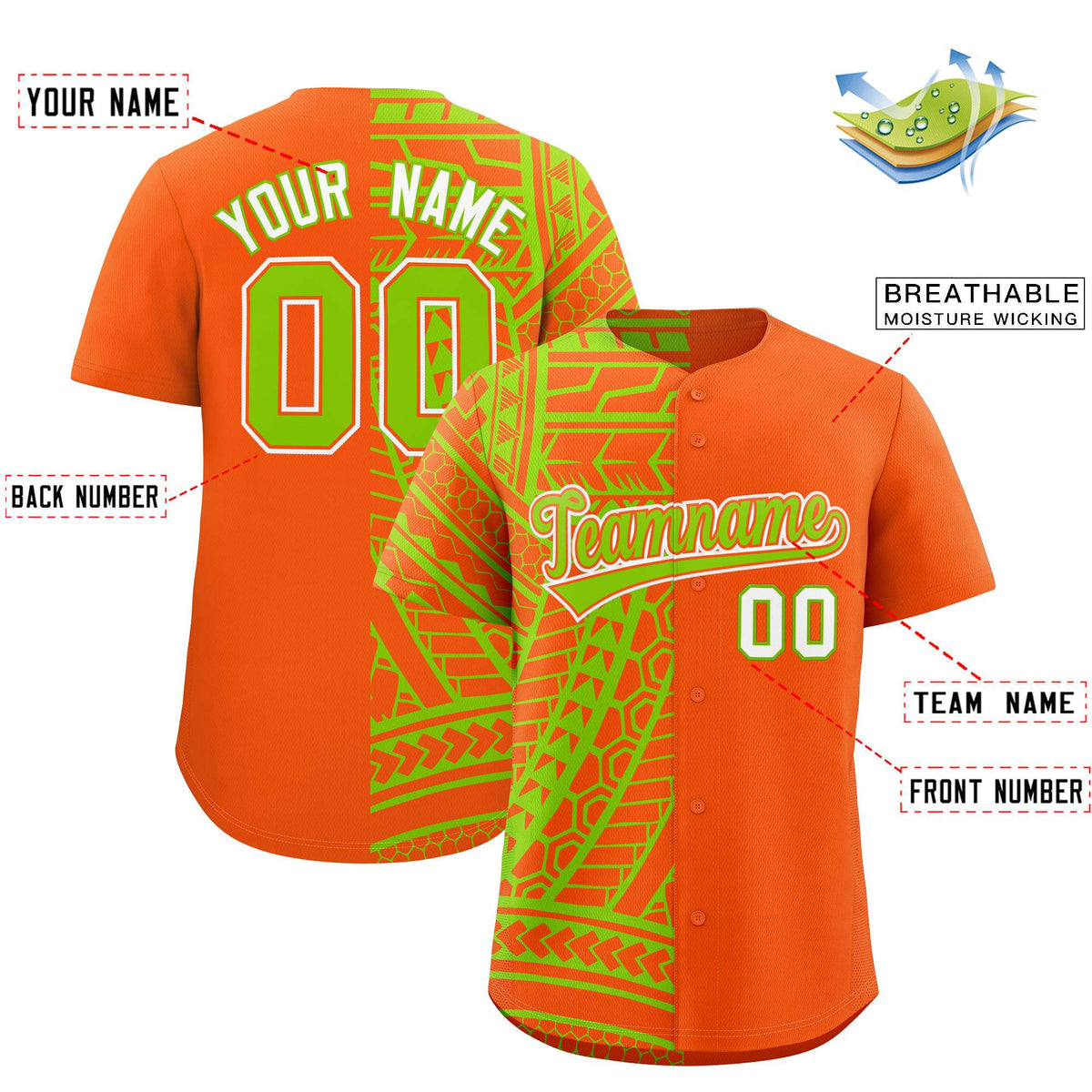 Custom Orange Neon Green Split Fashion Tribal Pattern Authentic Baseball Jersey