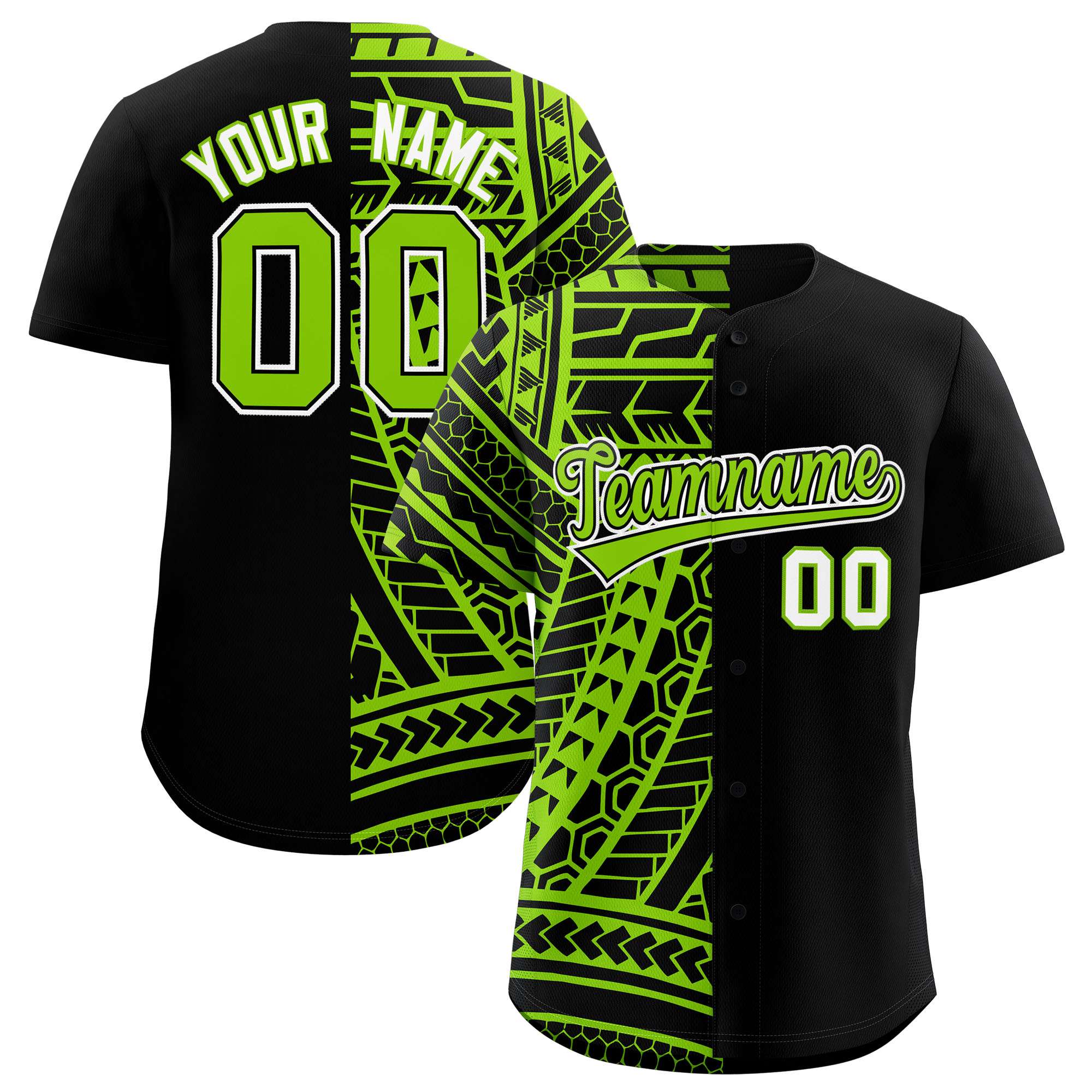 Custom Black Neon Green Split Fashion Tribal Pattern Authentic Baseball Jersey