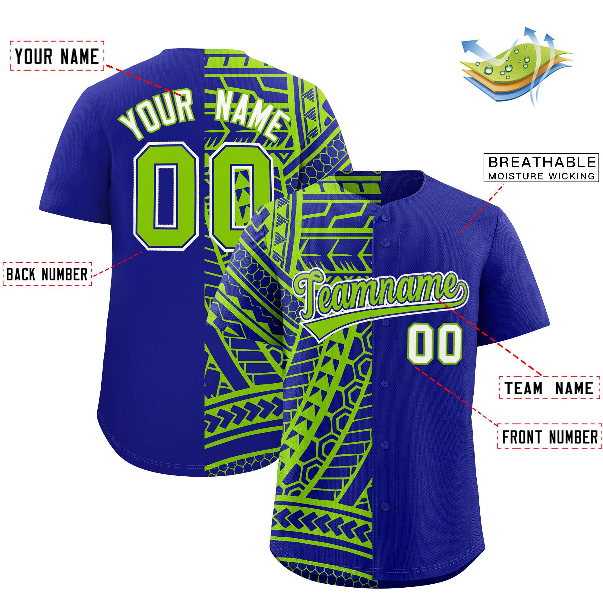 Custom Royal Neon Green Split Fashion Tribal Pattern Authentic Baseball Jersey