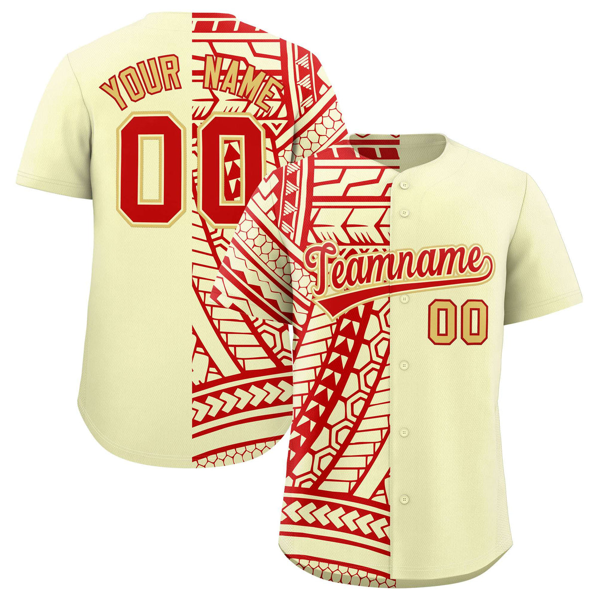 Custom Cream Red Split Fashion Tribal Pattern Authentic Baseball Jersey