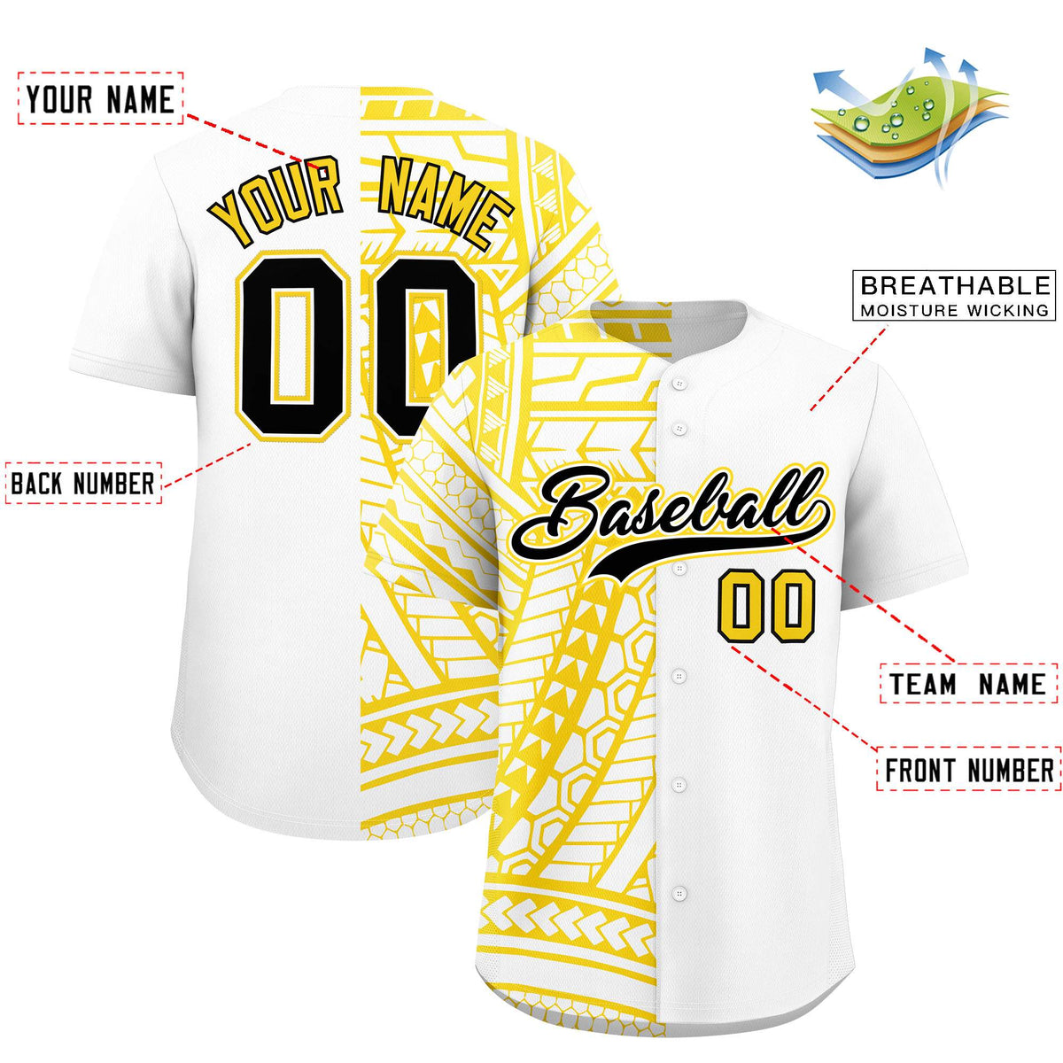 Custom White Gold Split Fashion Tribal Pattern Authentic Baseball Jersey