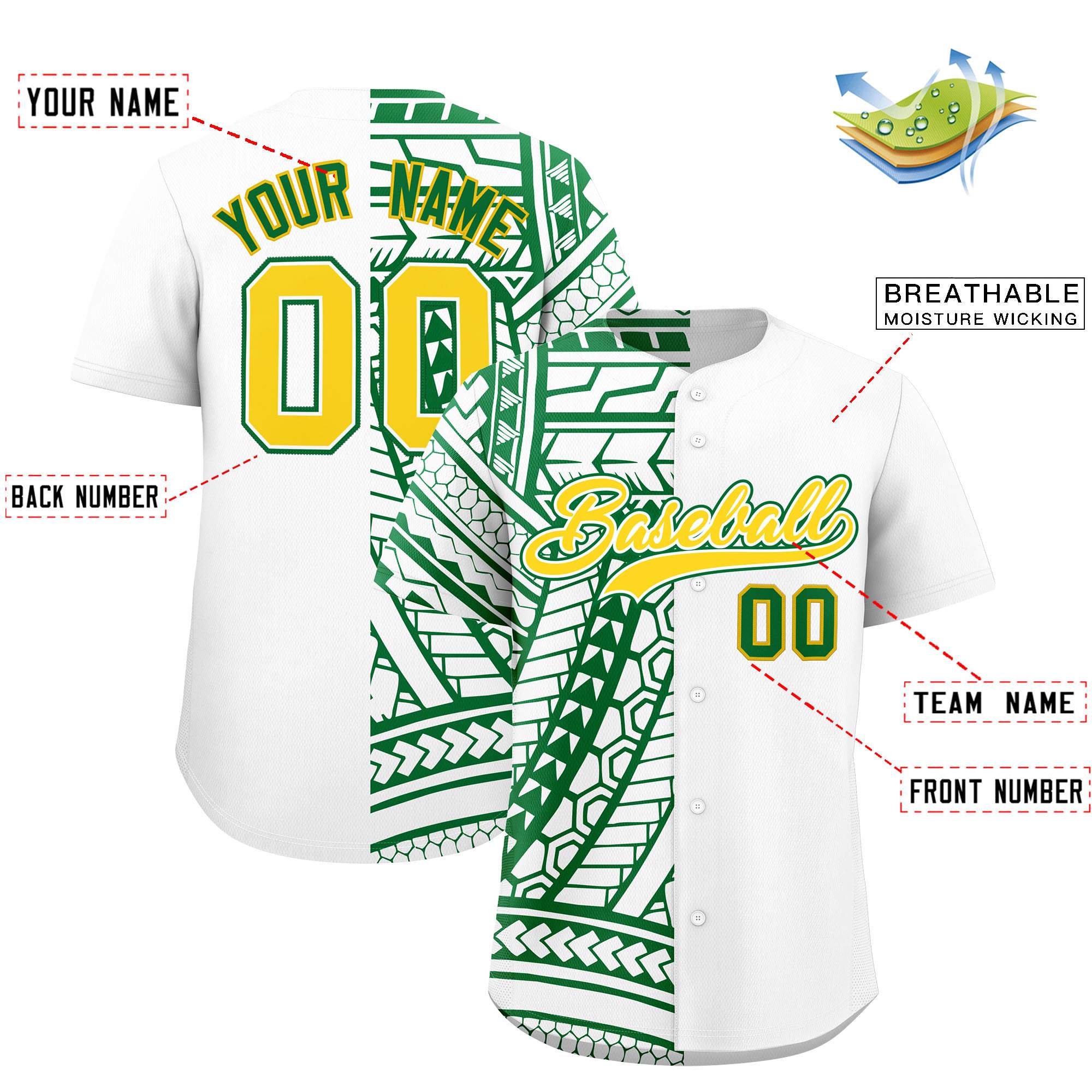 Custom White Kelly Green Split Fashion Tribal Pattern Authentic Baseball Jersey