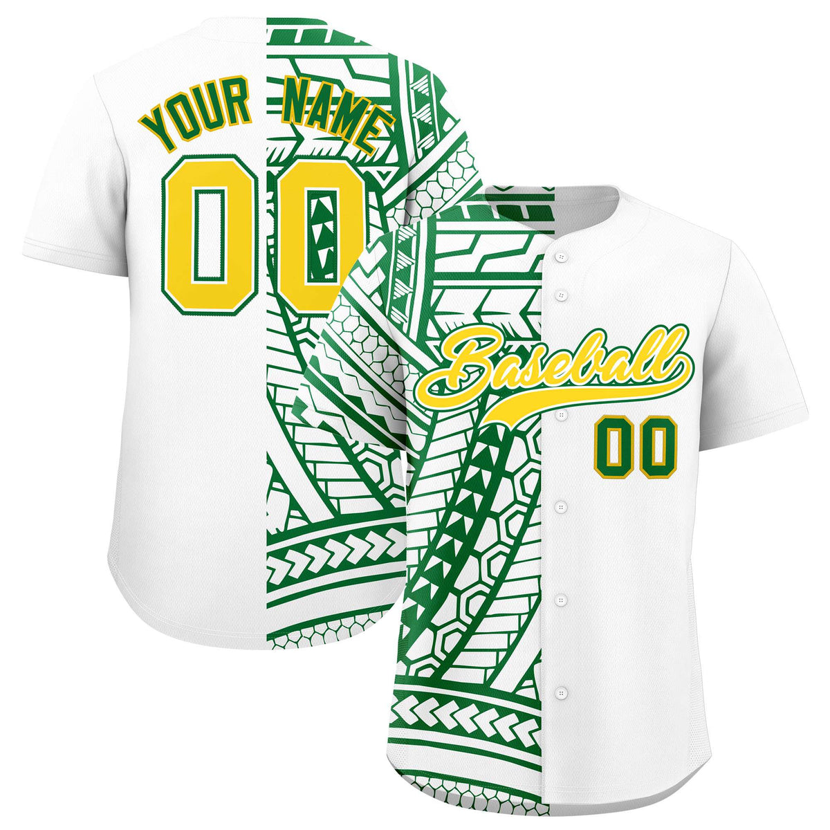 Custom White Kelly Green Split Fashion Tribal Pattern Authentic Baseball Jersey