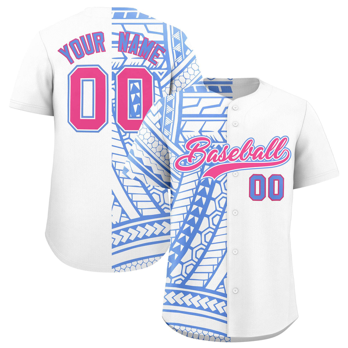 Custom White Light Blue Split Fashion Tribal Pattern Authentic Baseball Jersey
