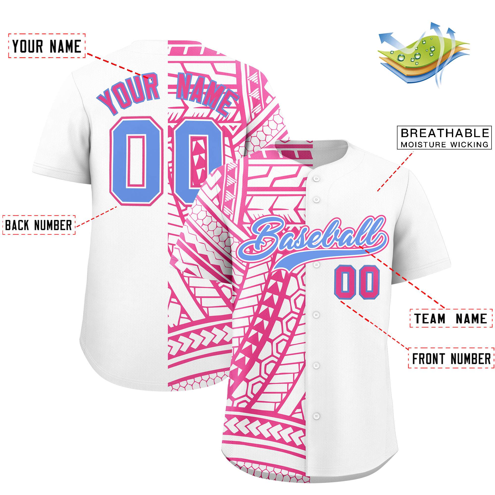 Custom White Pink Split Fashion Tribal Pattern Authentic Baseball Jersey