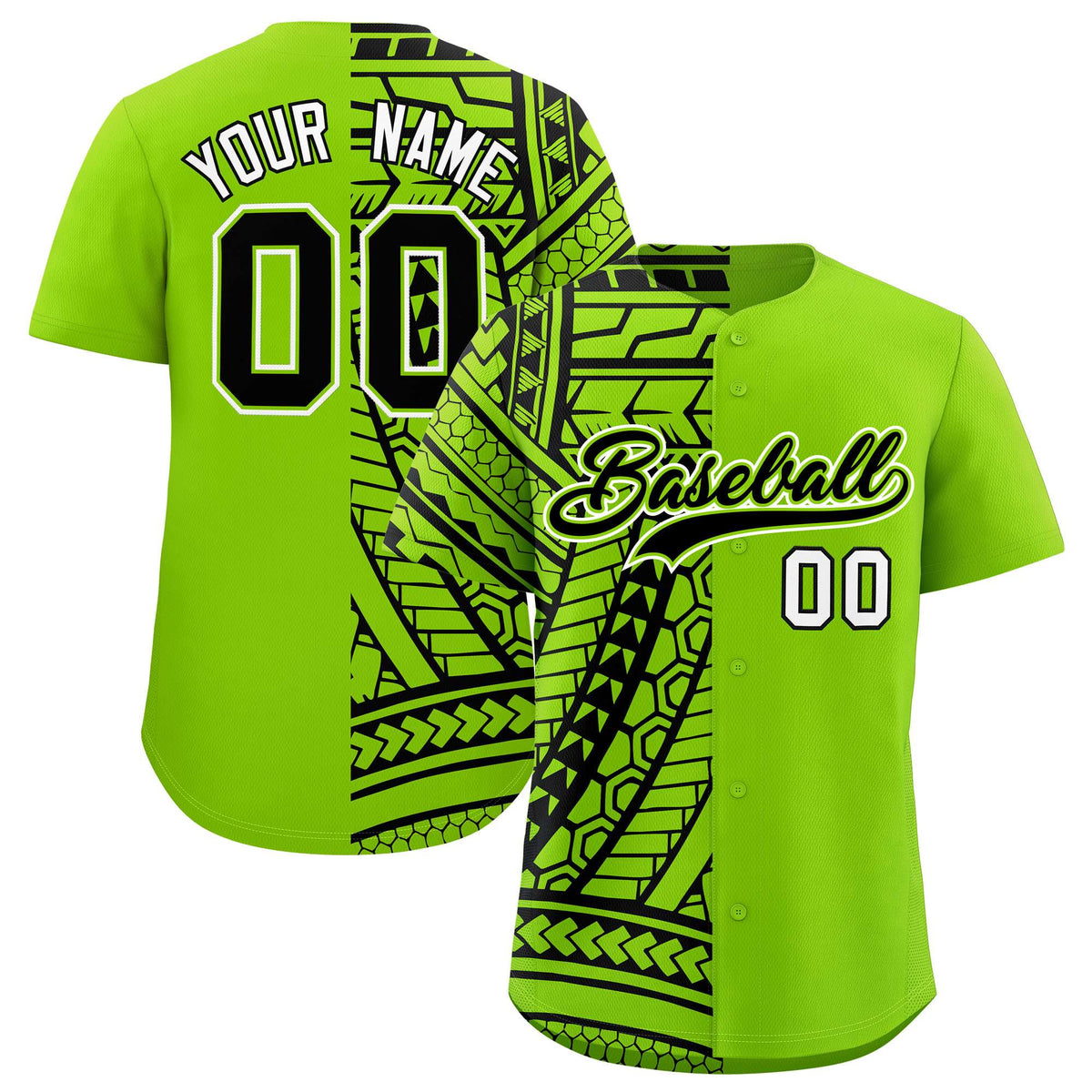 Custom Black Neon Green Split Fashion Tribal Pattern Authentic Baseball Jersey