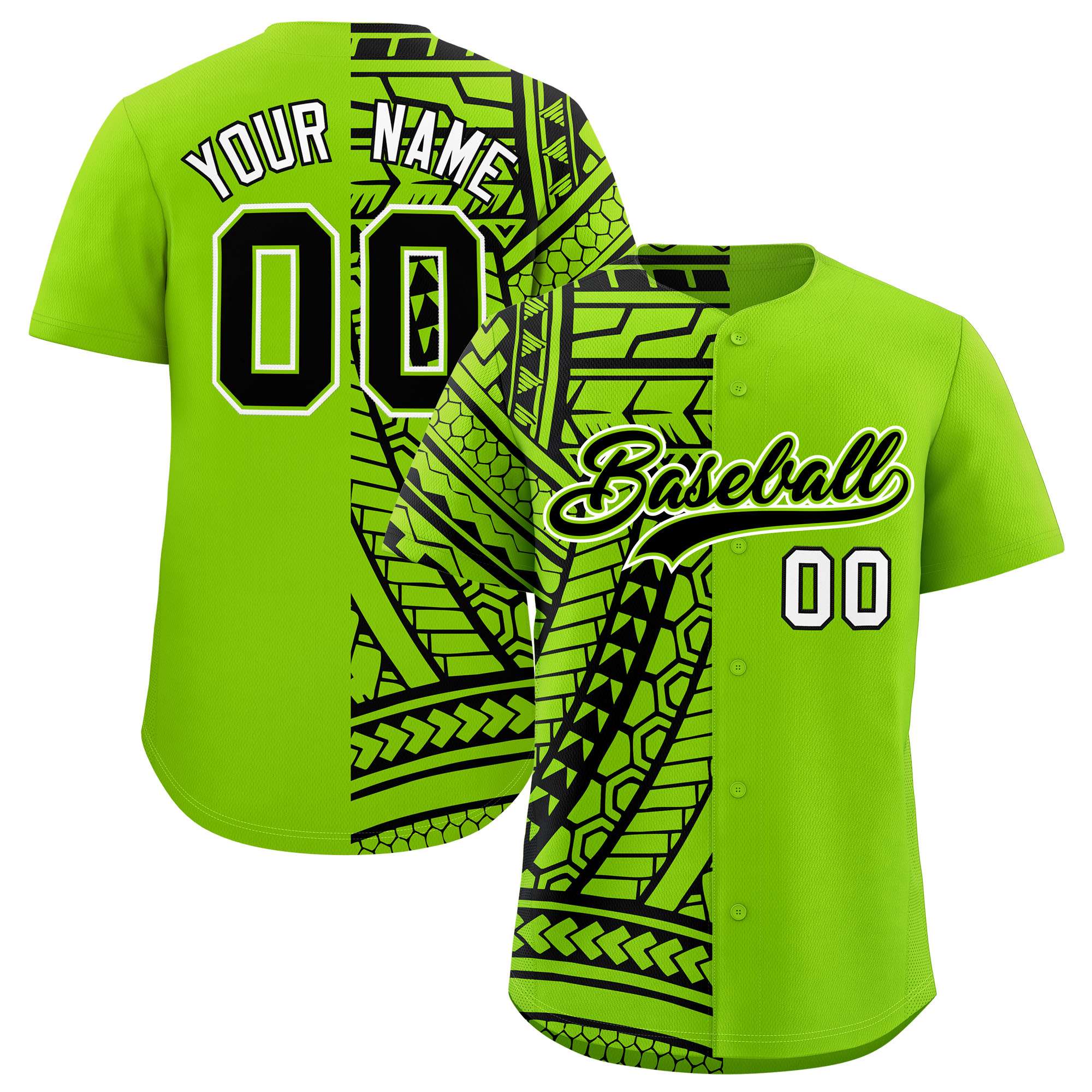Custom Black Neon Green Split Fashion Tribal Pattern Authentic Baseball Jersey