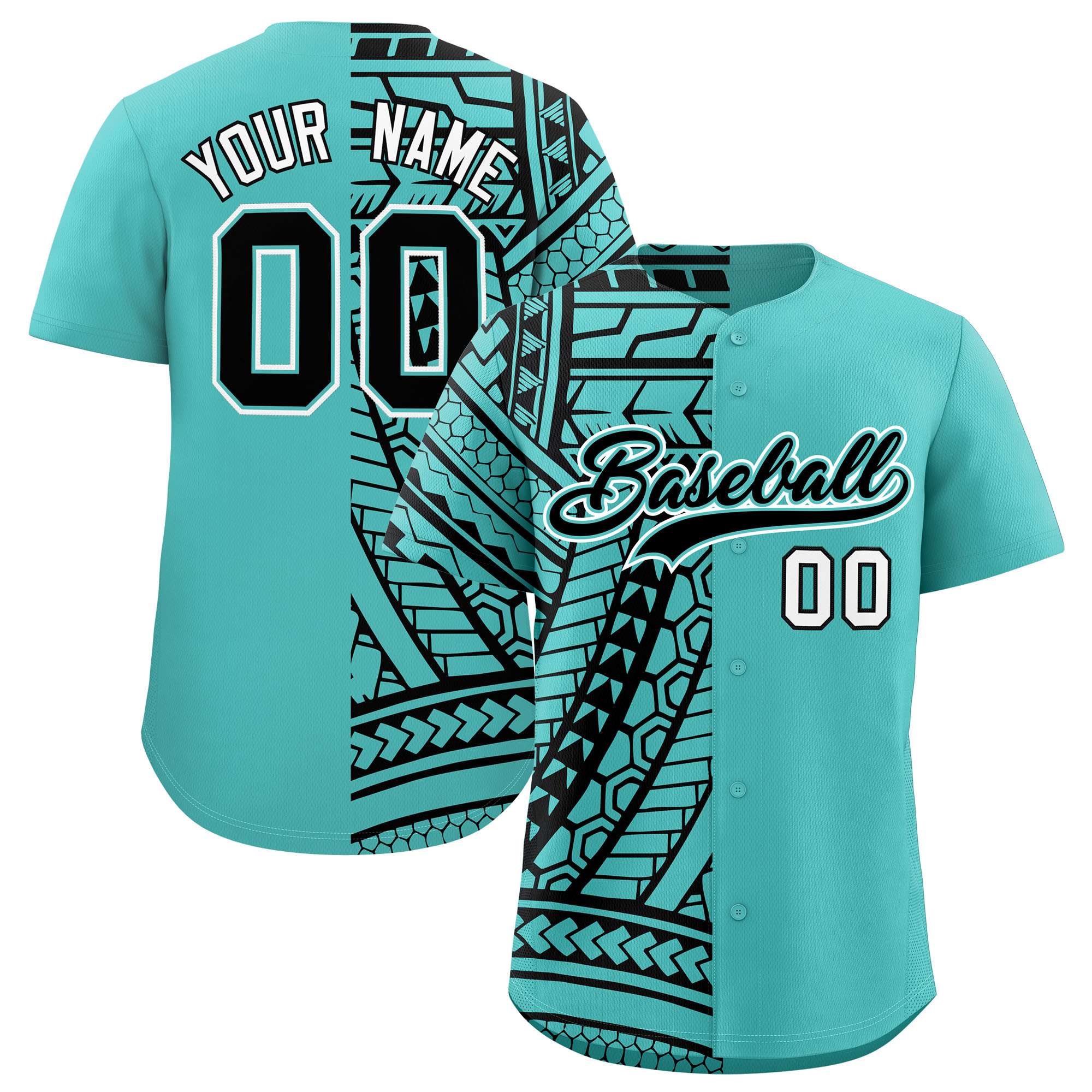 Custom Aqua Black Split Fashion Tribal Pattern Authentic Baseball Jersey