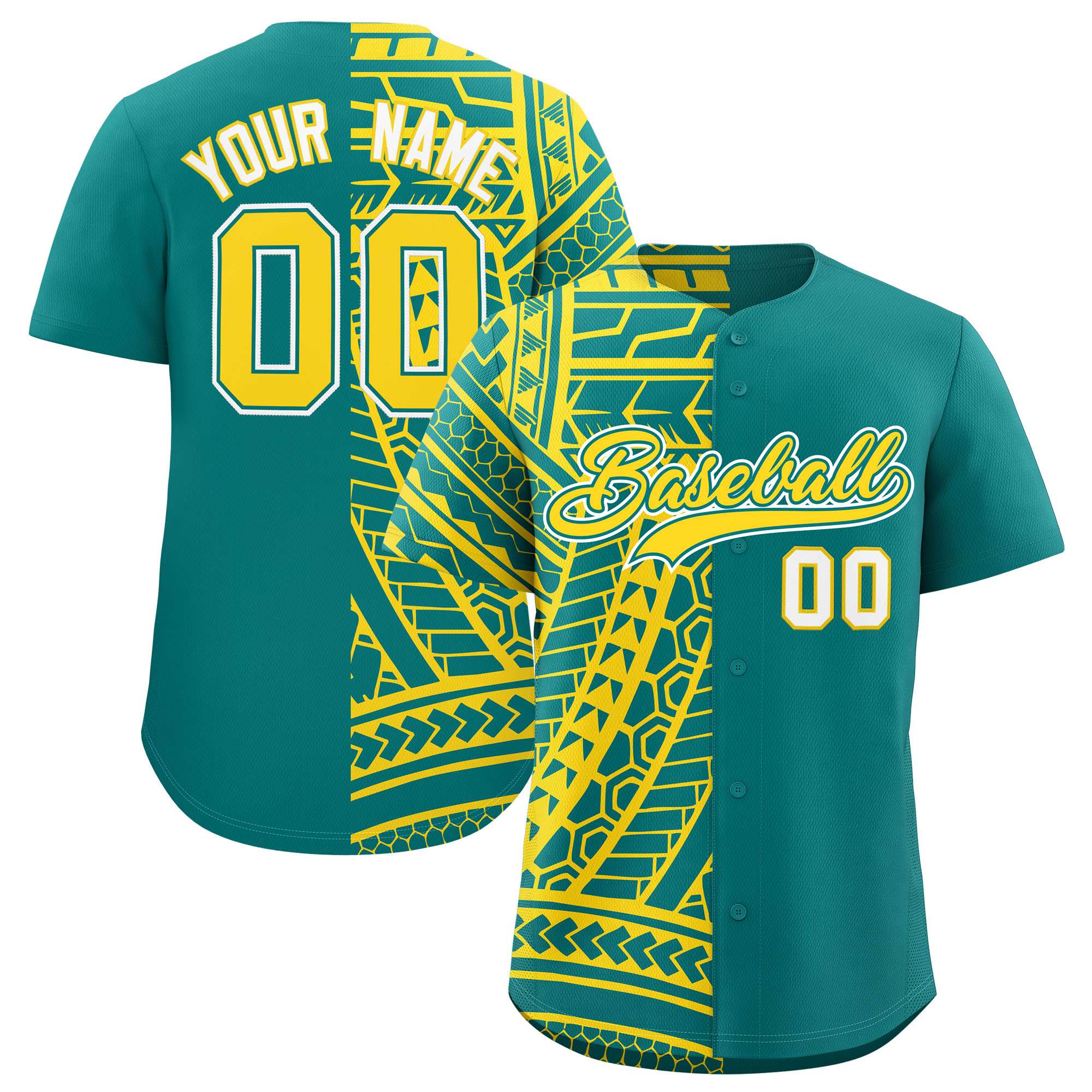 Custom Aqua Gold Split Fashion Tribal Pattern Authentic Baseball Jersey