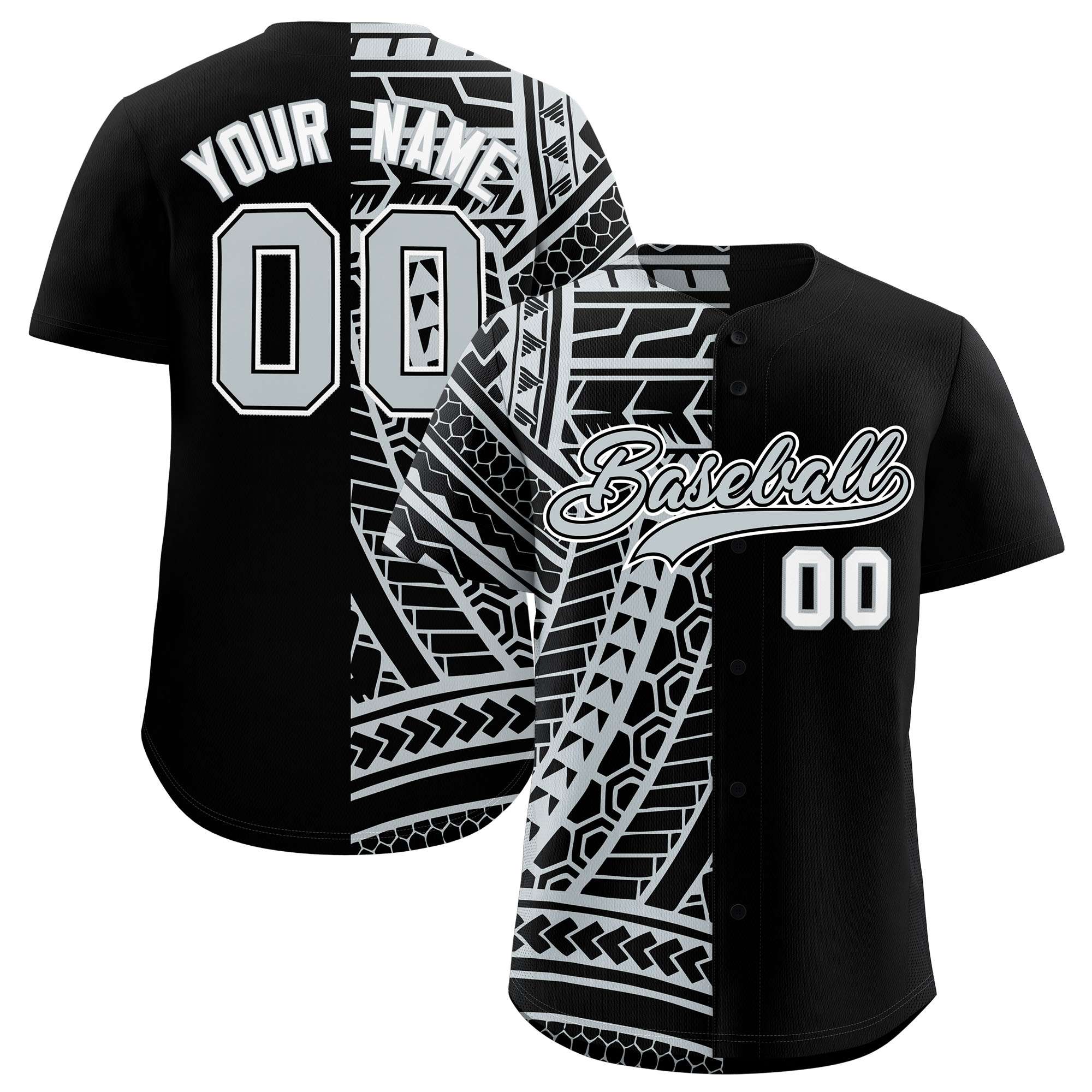 Custom Black Silver Split Fashion Tribal Pattern Authentic Baseball Jersey