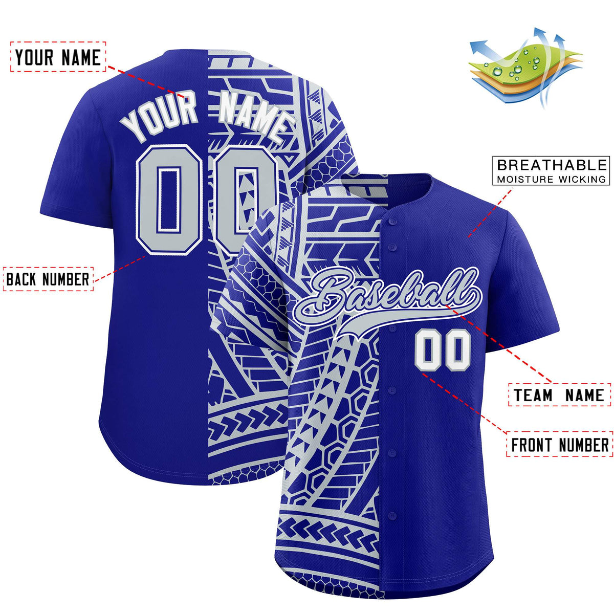 Custom Royal Silver Split Fashion Tribal Pattern Authentic Baseball Jersey