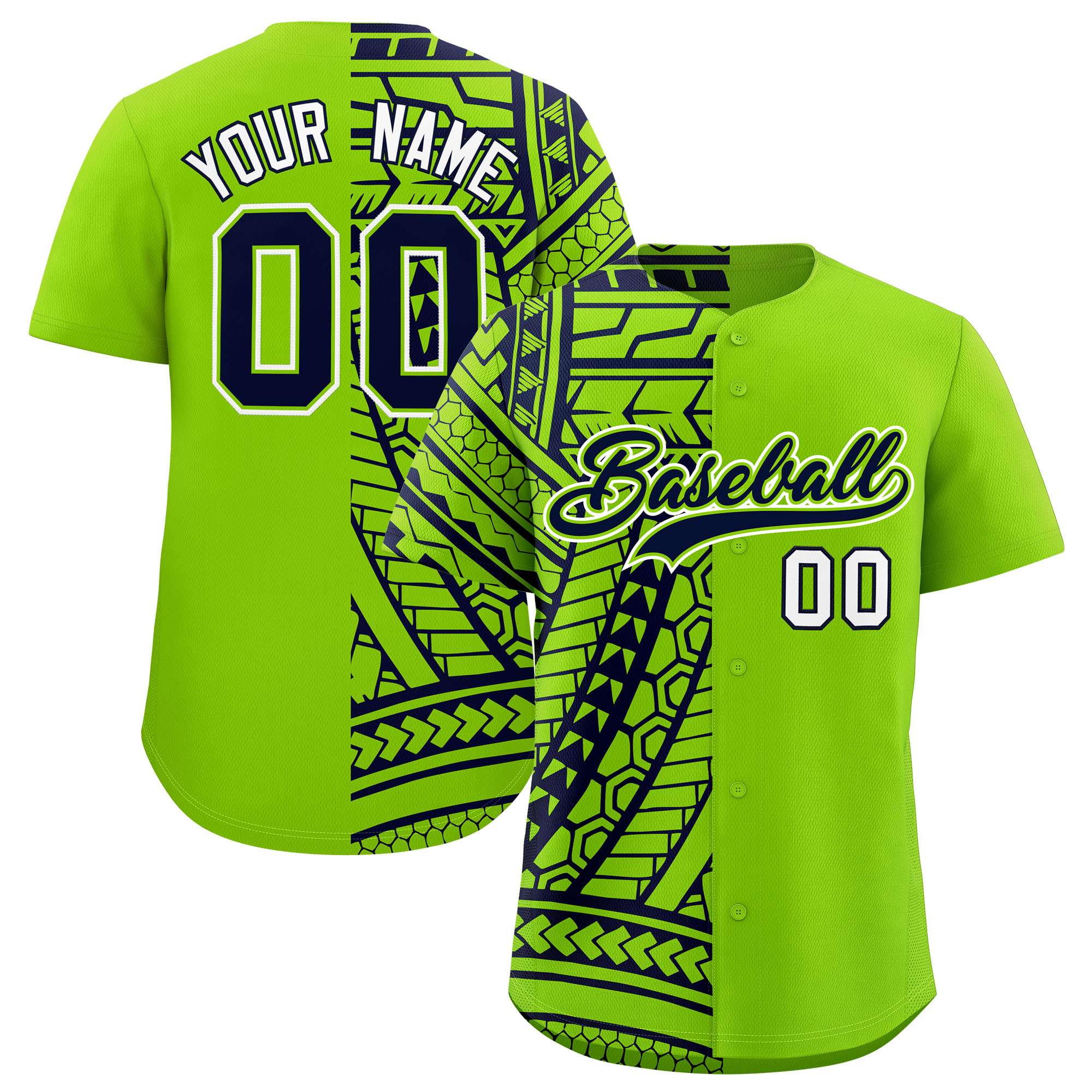 Custom Neon Green Navy Split Fashion Tribal Pattern Authentic Baseball Jersey