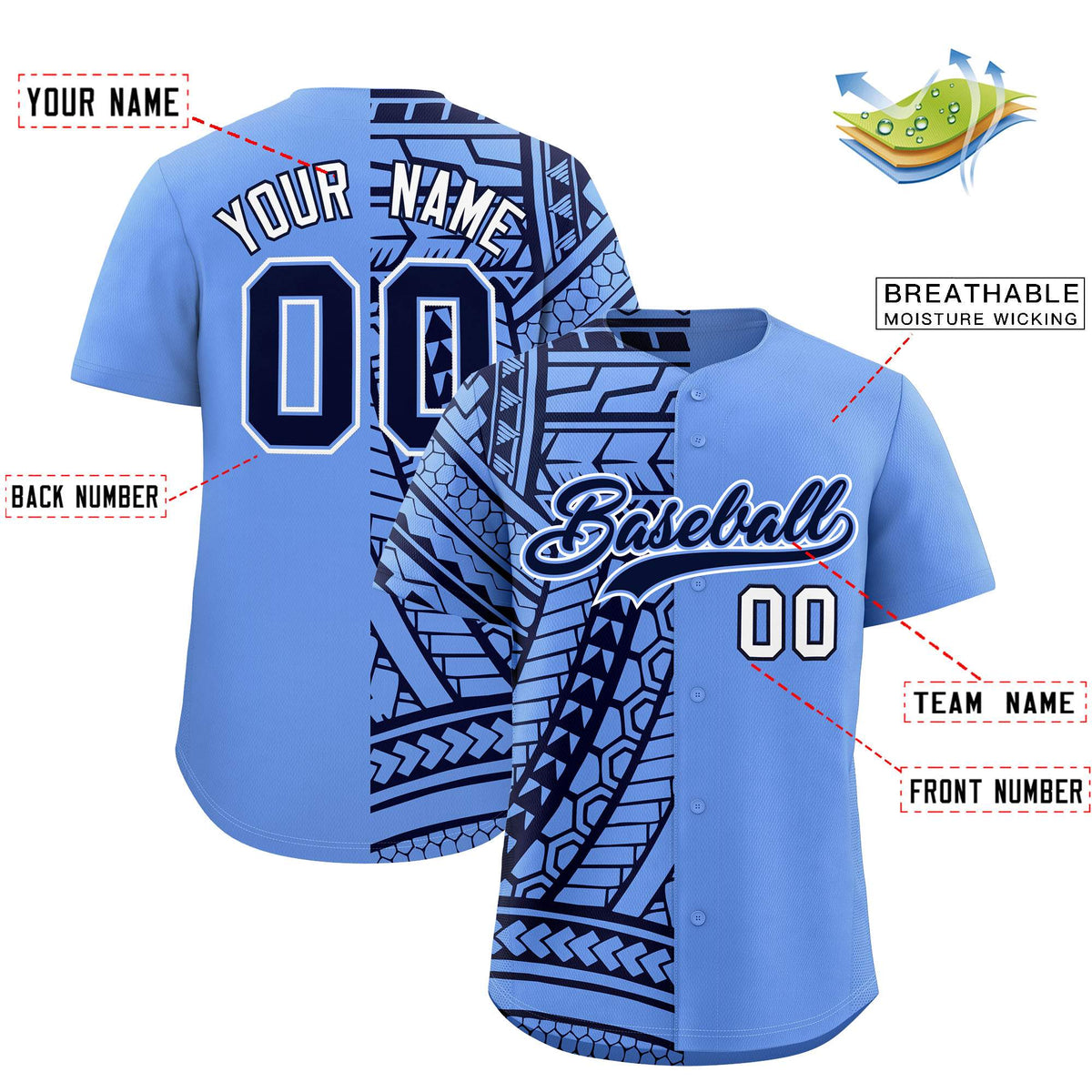 Custom Light Blue Navy Split Fashion Tribal Pattern Authentic Baseball Jersey