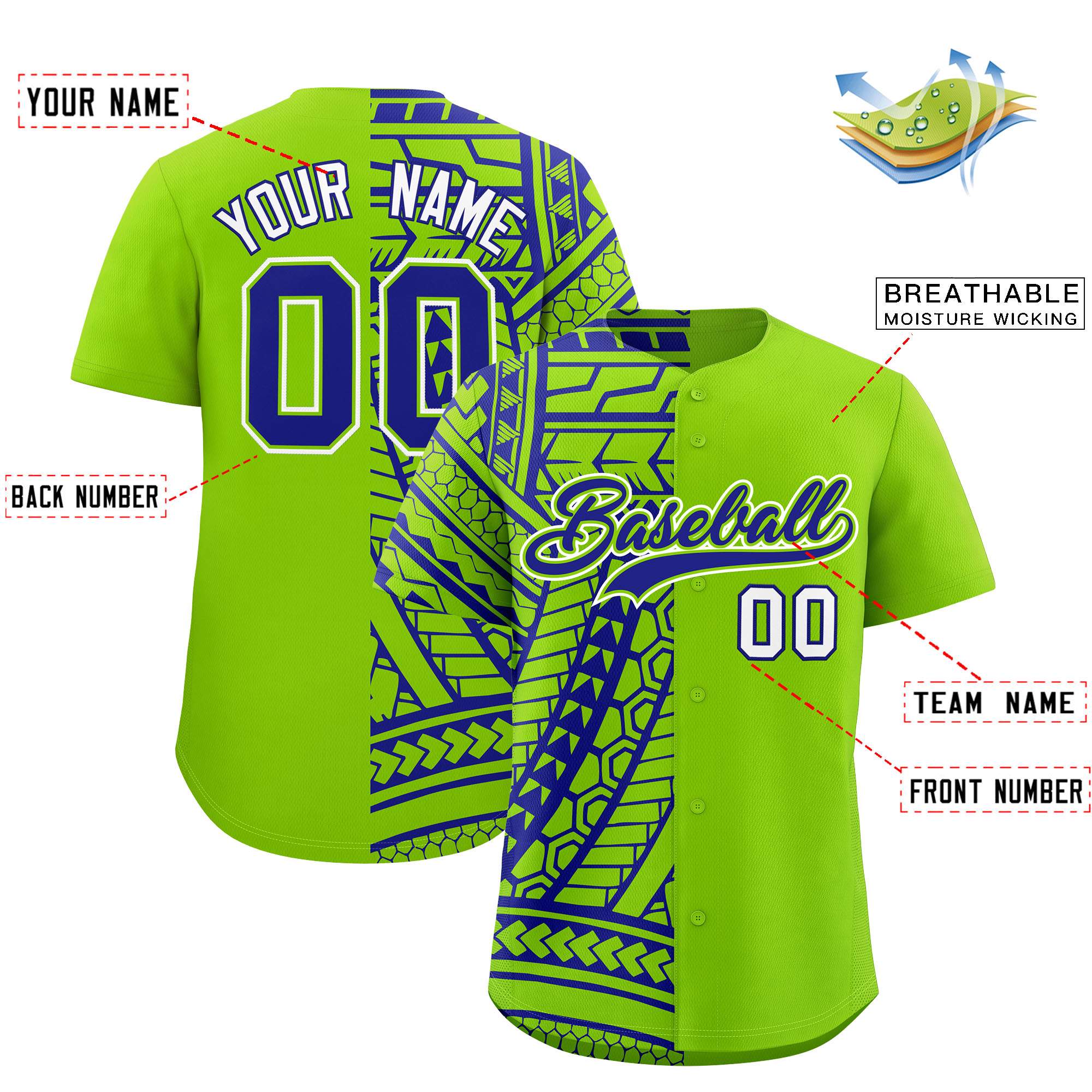 Custom Neon Green Royal Split Fashion Tribal Pattern Authentic Baseball Jersey
