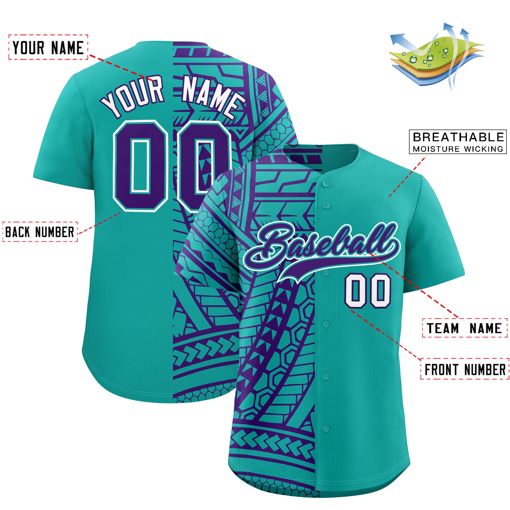 Custom Purple Aqua Split Fashion Tribal Pattern Authentic Baseball Jersey