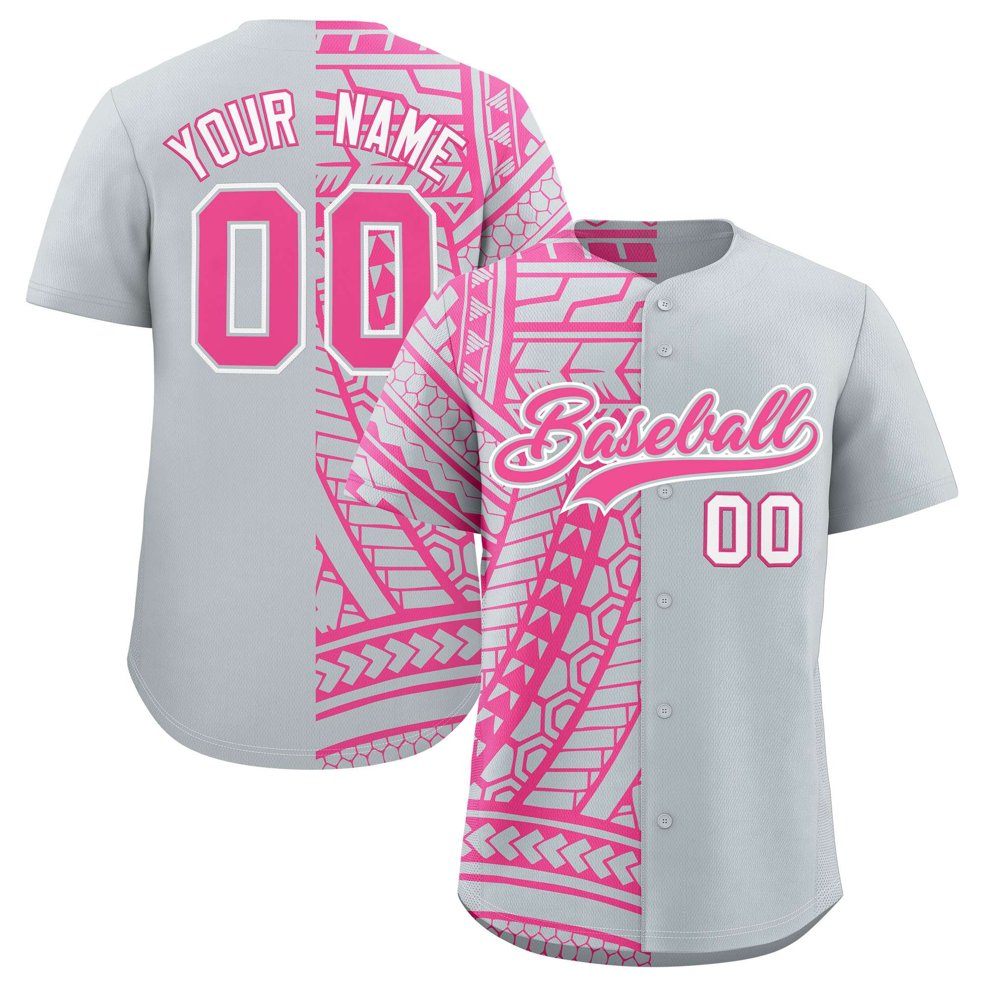 Custom Silver Pink Split Fashion Tribal Pattern Authentic Baseball Jersey