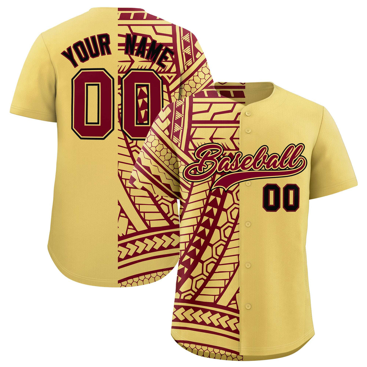 Custom Khaki Crimson Split Fashion Tribal Pattern Authentic Baseball Jersey