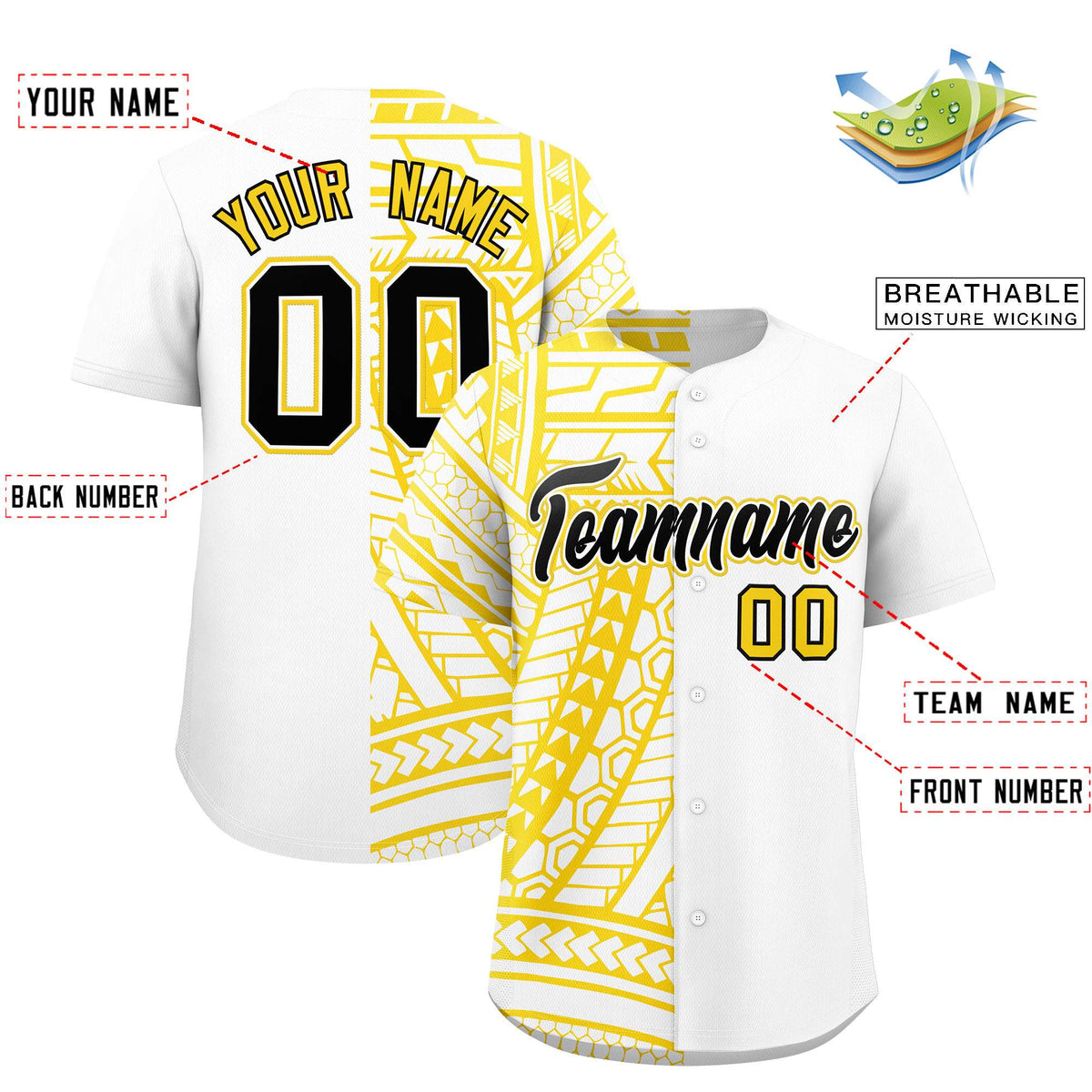 Custom White Gold Split Fashion Tribal Pattern Authentic Baseball Jersey