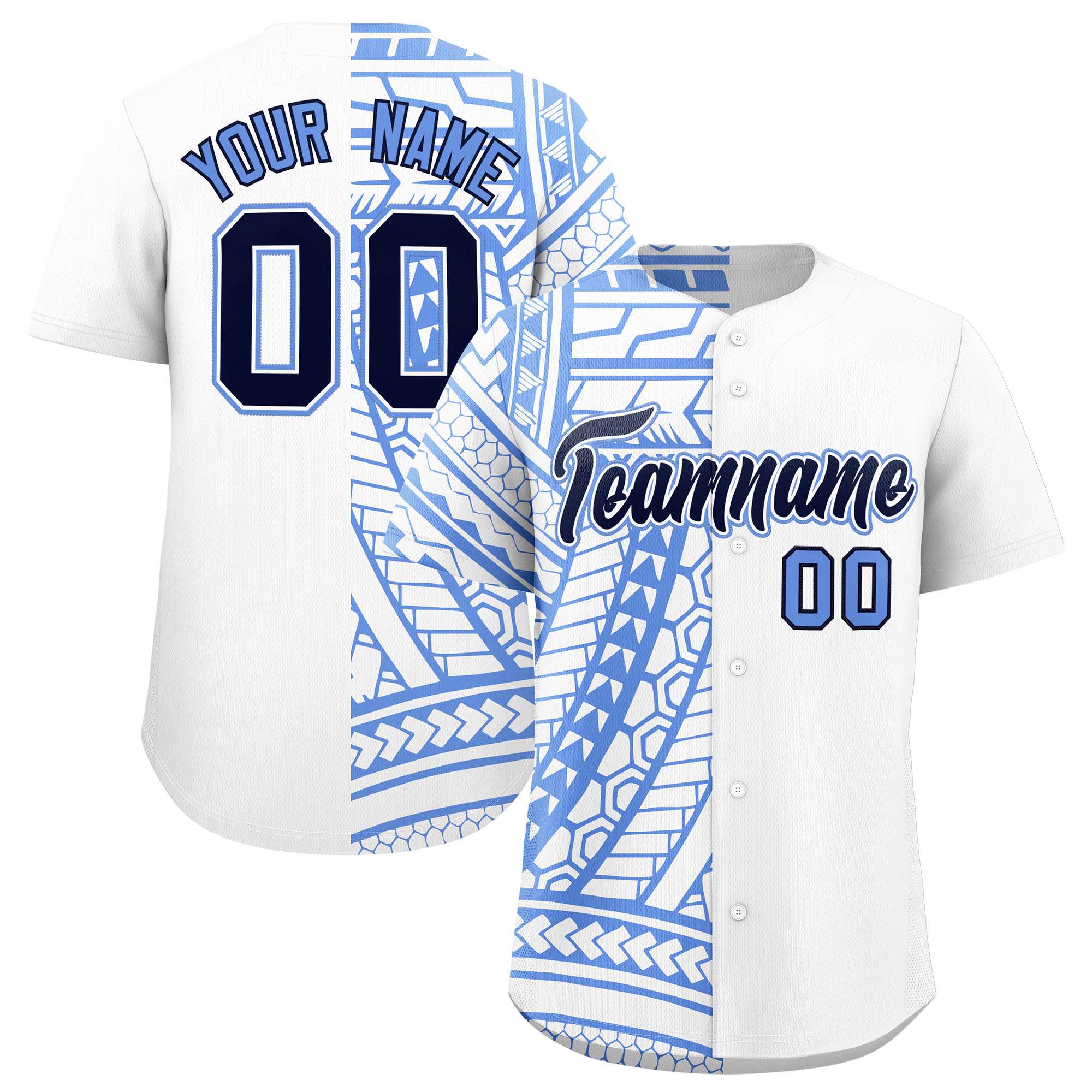 Custom Light Blue Navy Split Fashion Tribal Pattern Authentic Baseball Jersey