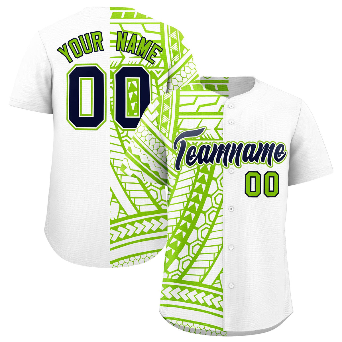 Custom White Neon Green Split Fashion Tribal Pattern Authentic Baseball Jersey