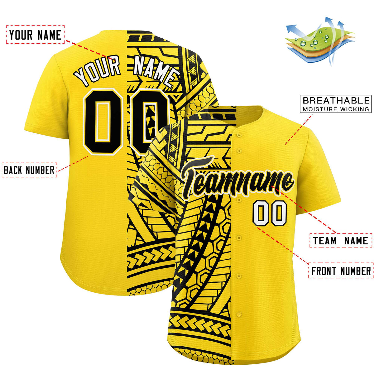 Custom Gold Black Split Fashion Tribal Pattern Authentic Baseball Jersey